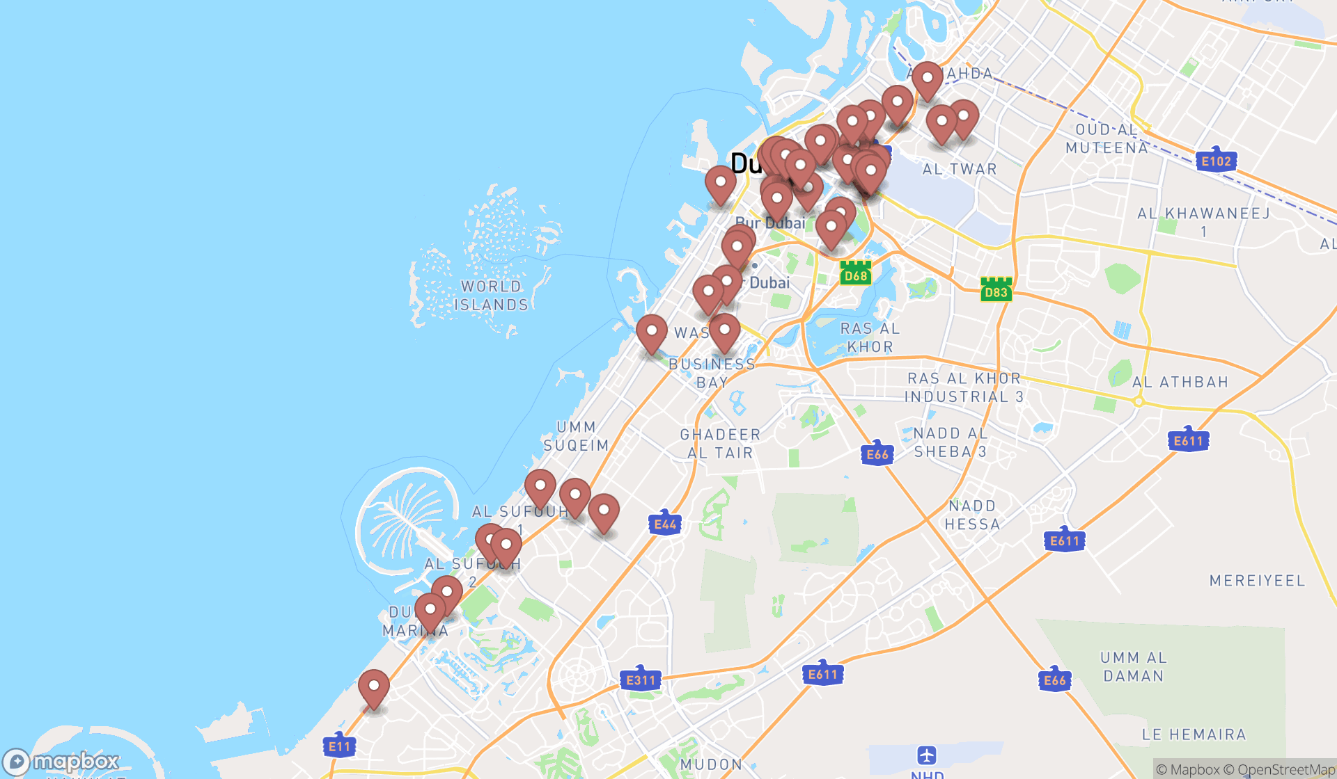 Map showing the search results in Dubai