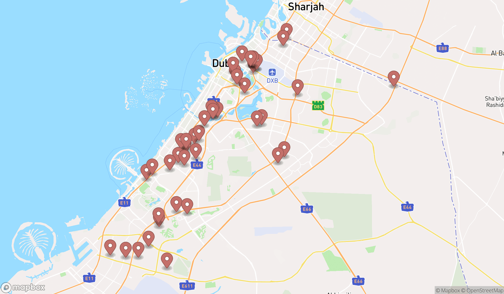 Map showing the search results in Dubai