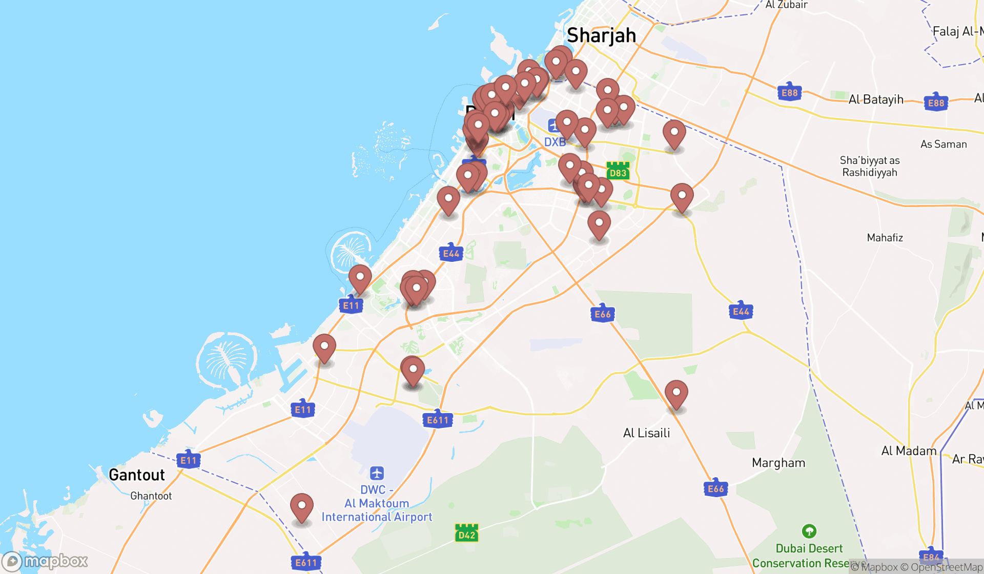 Map showing the search results in Dubai