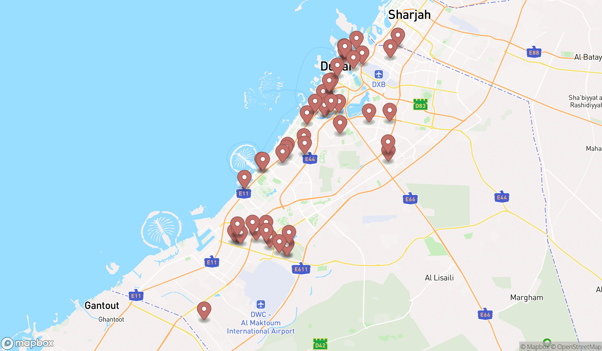 Map showing the search results in Dubai