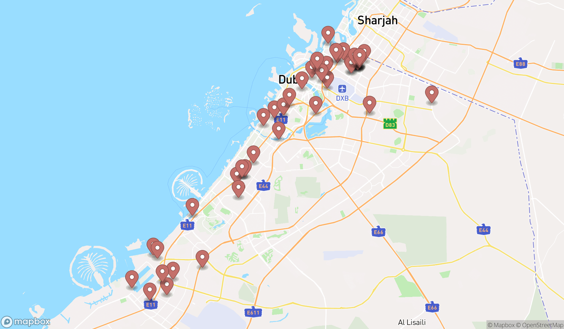 Map showing the search results in Dubai