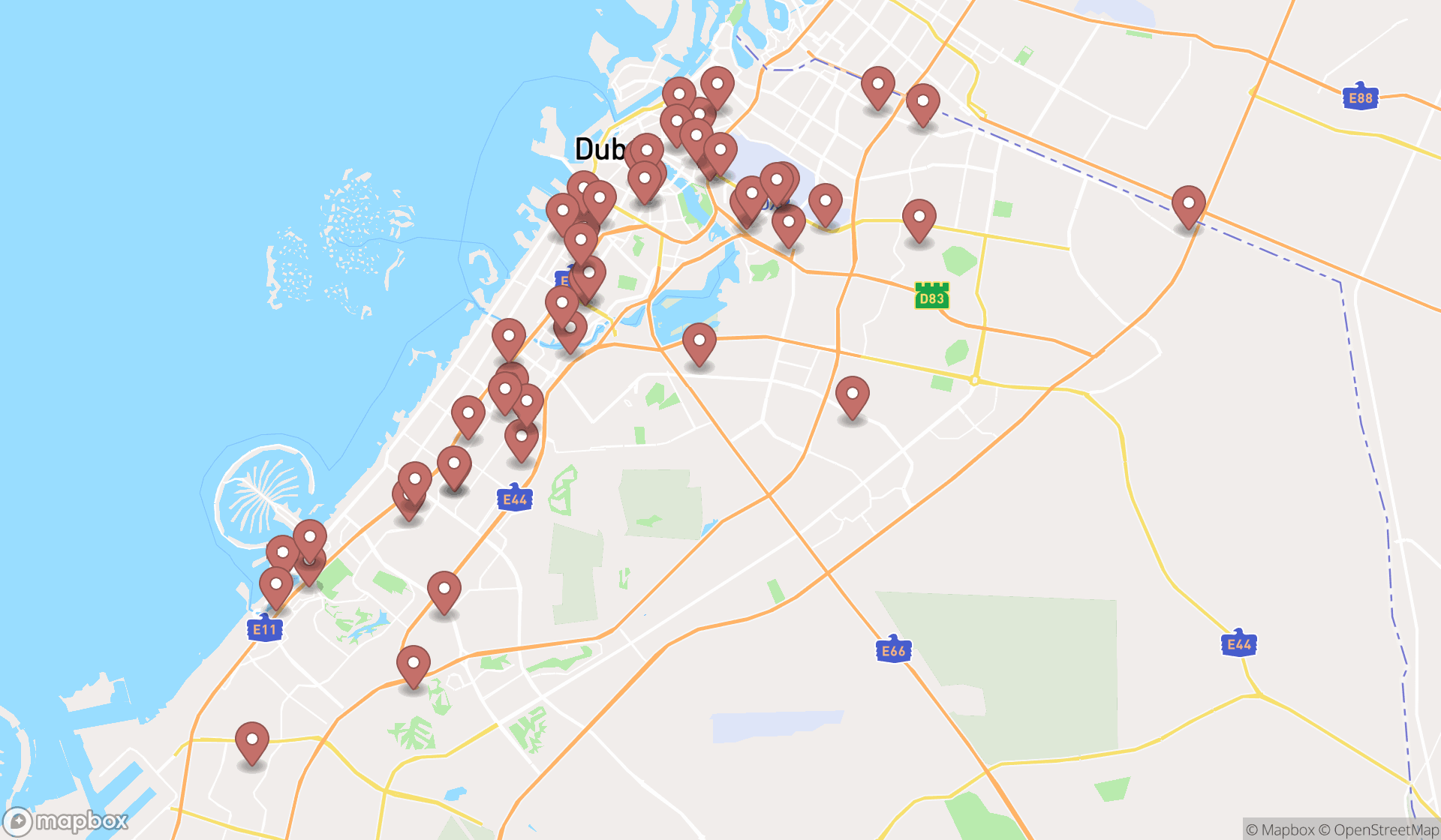 Map showing the search results in Dubai
