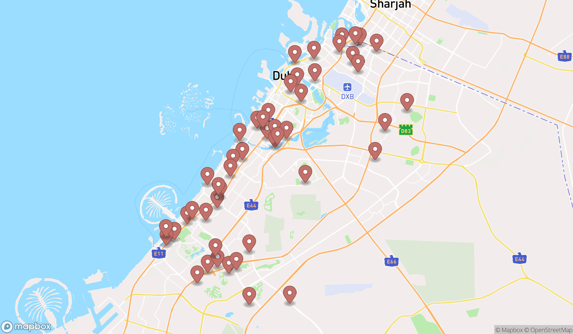 Map showing the search results in Dubai