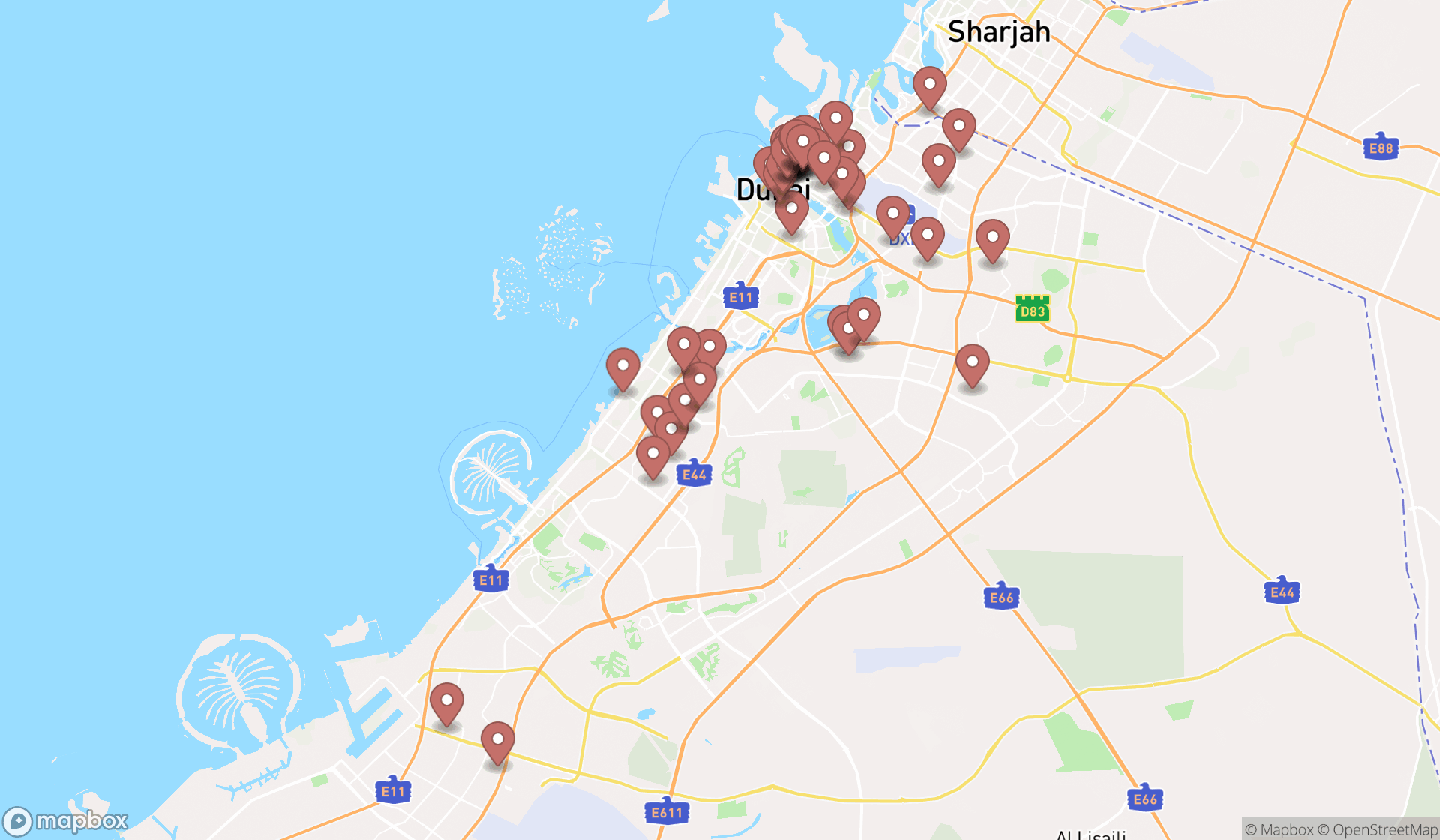 Map showing the search results in Dubai