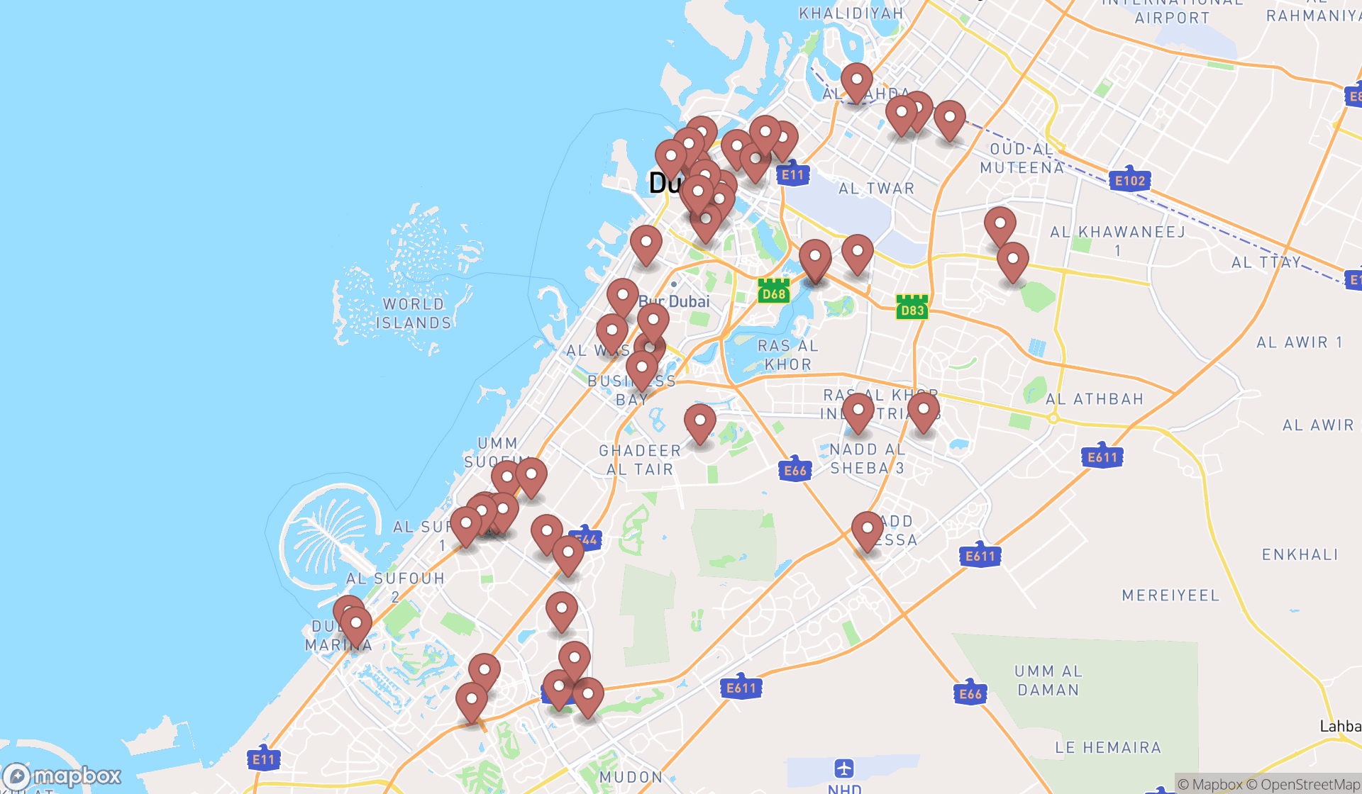 Map showing the search results in Dubai