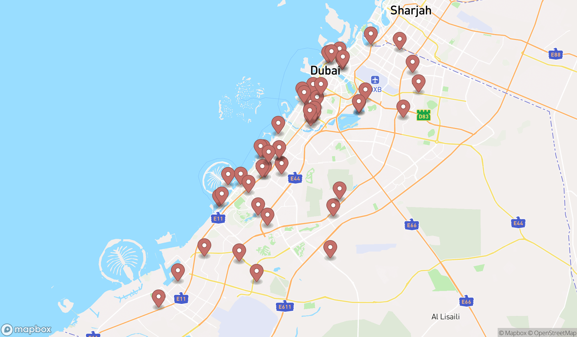 Map showing the search results in Dubai