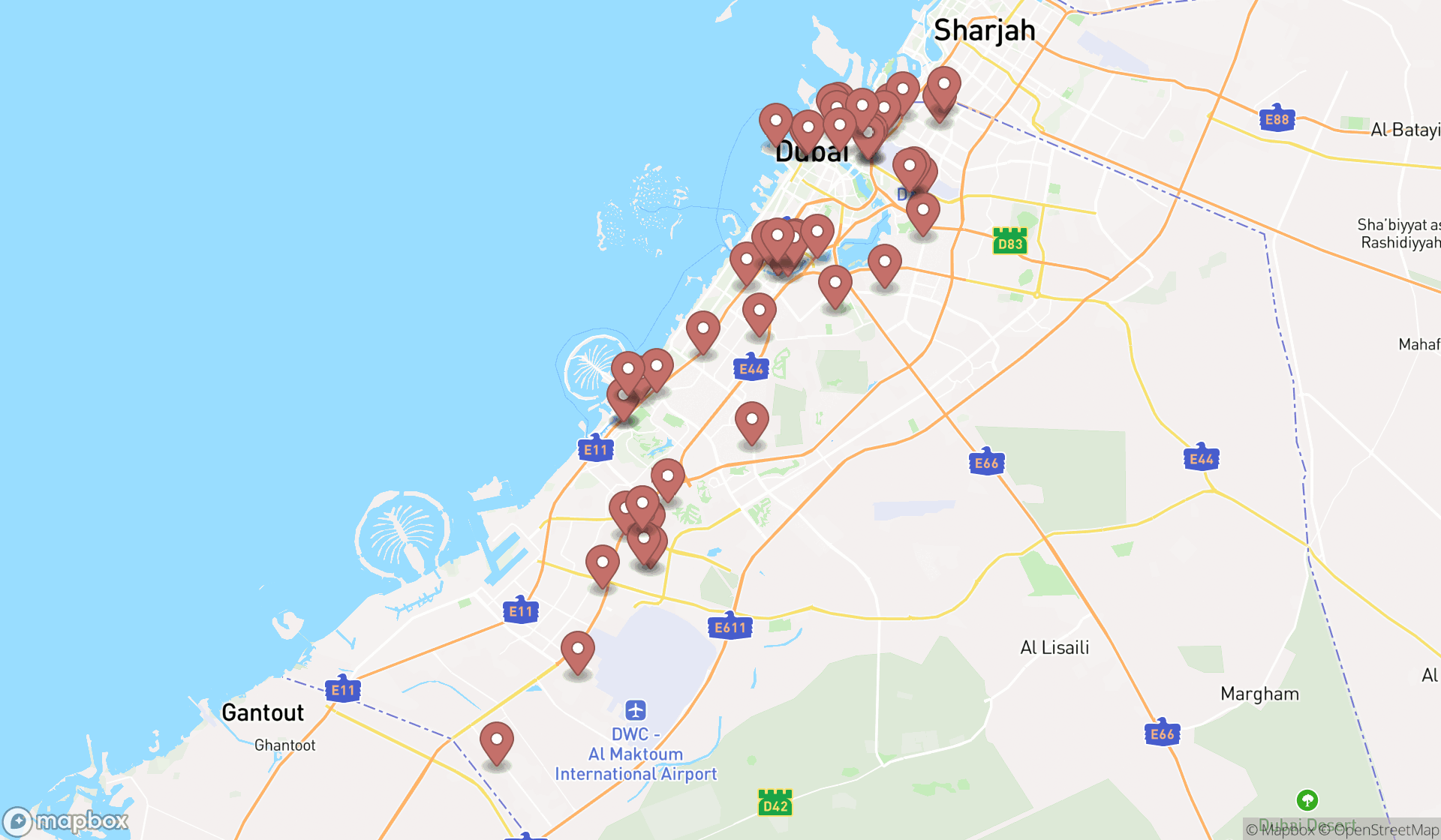 Map showing the search results in Dubai