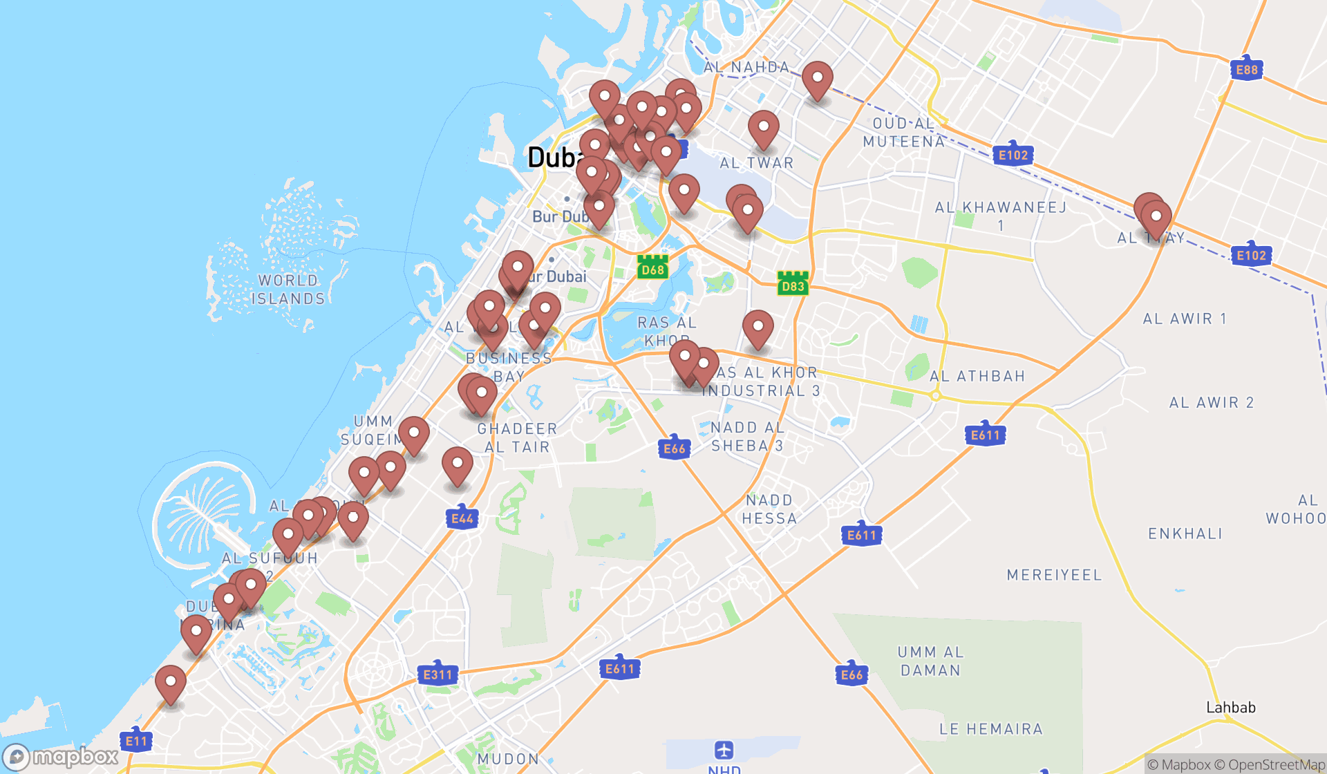 Map showing the search results in Dubai