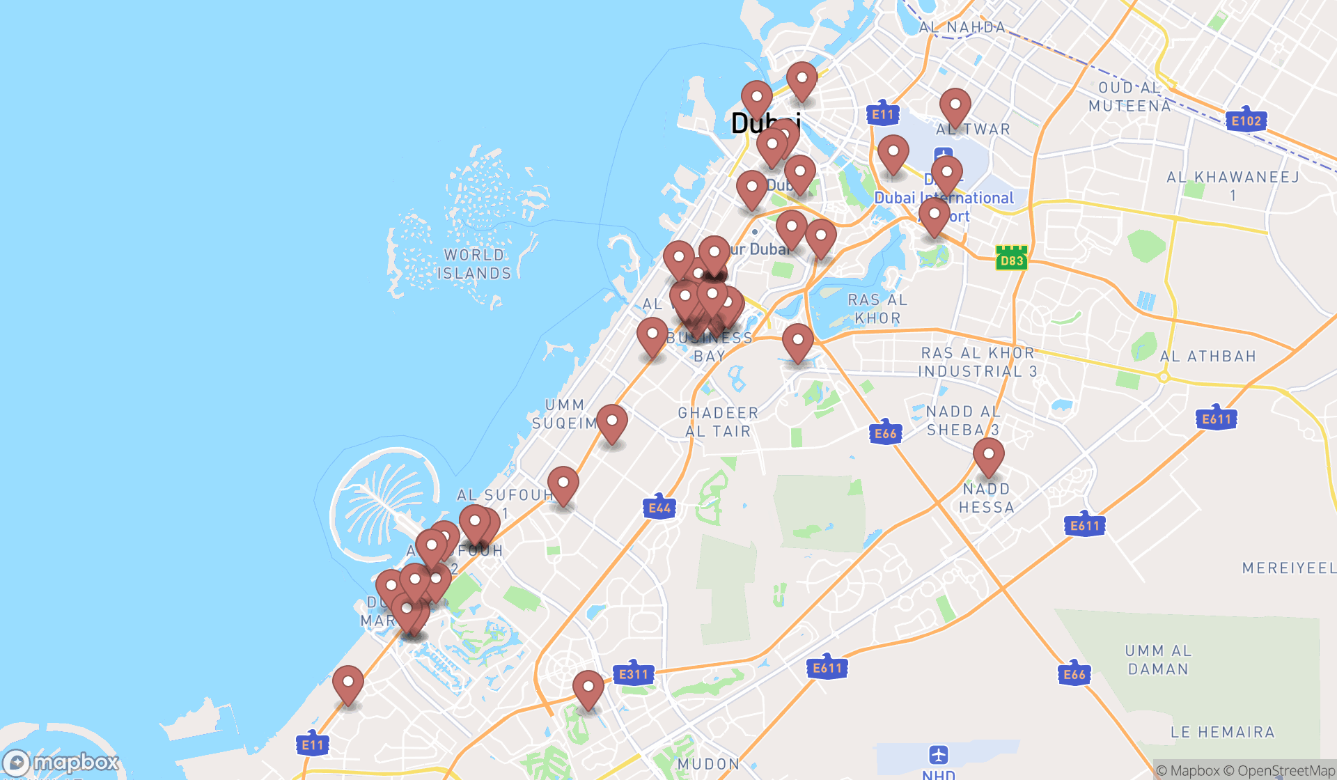 Map showing the search results in Dubai