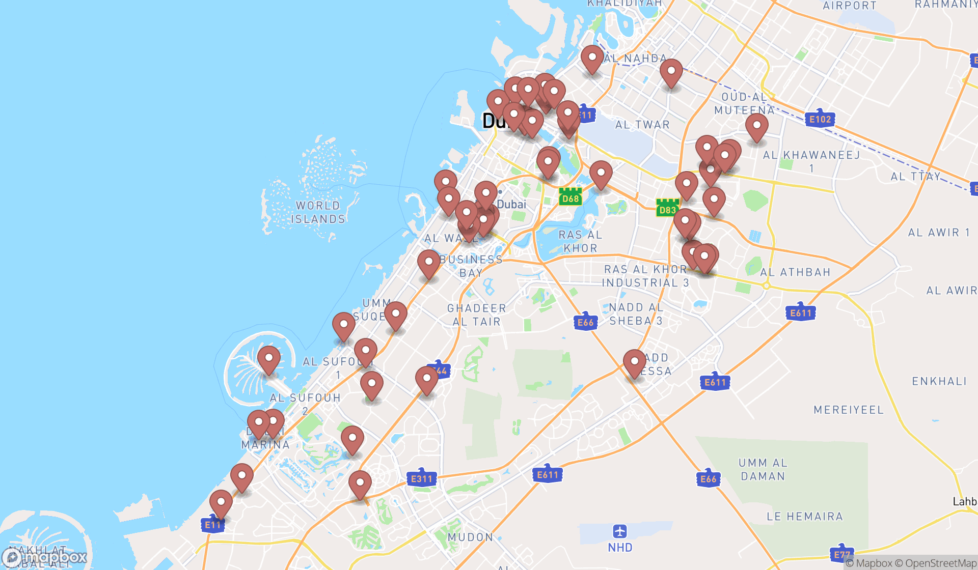 Map showing the search results in Dubai