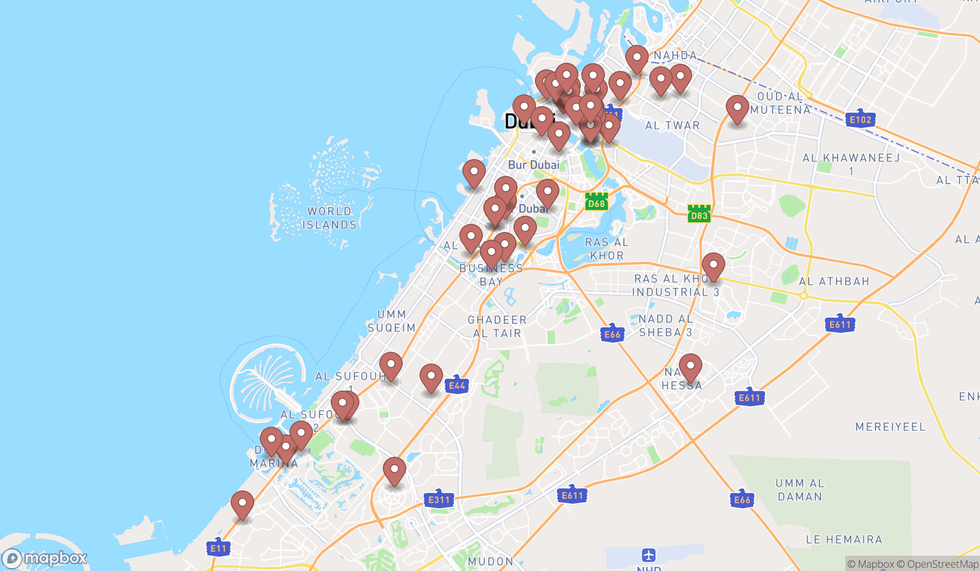 Map showing the search results in Dubai