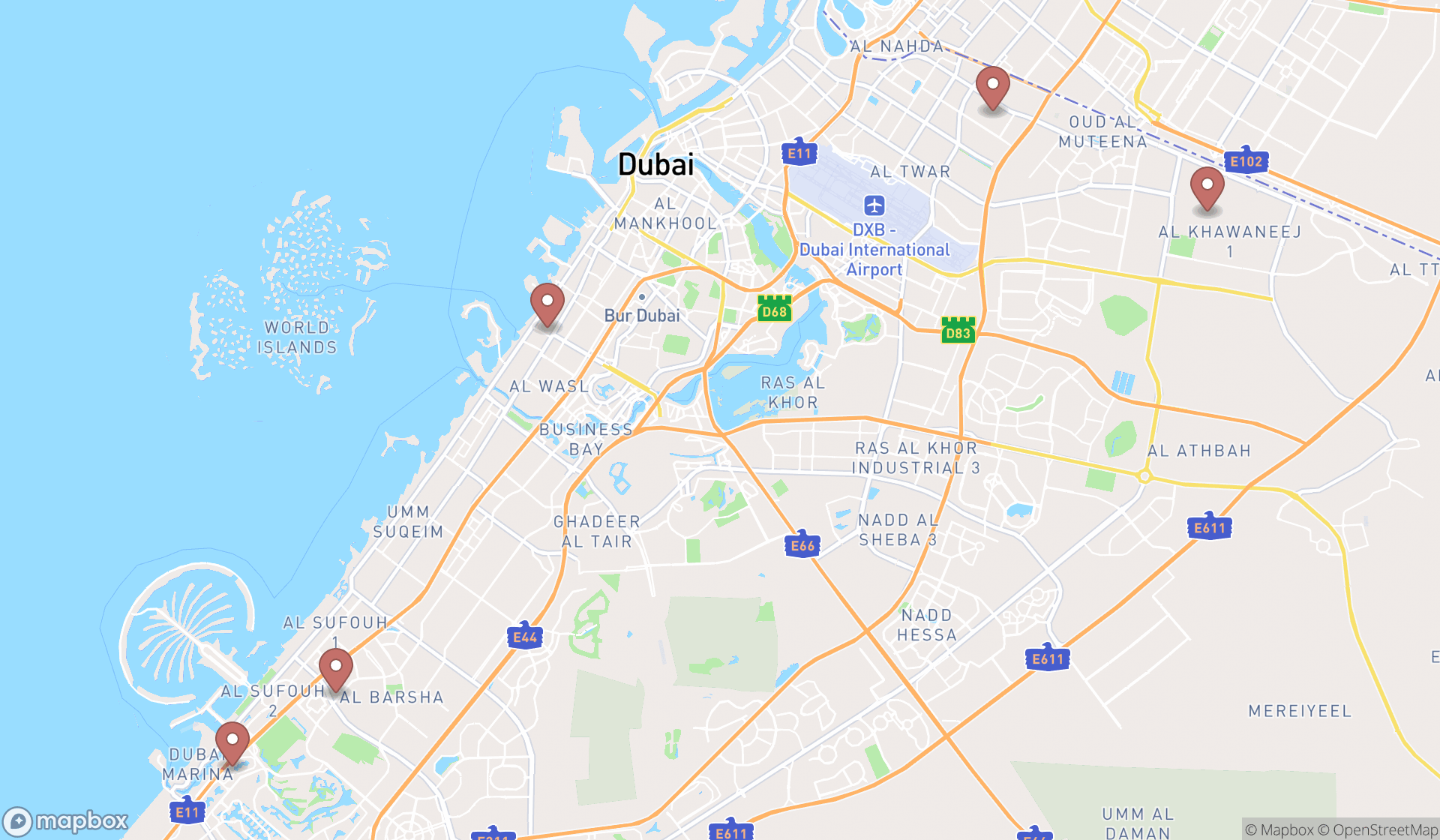 Map showing the search results in Dubai