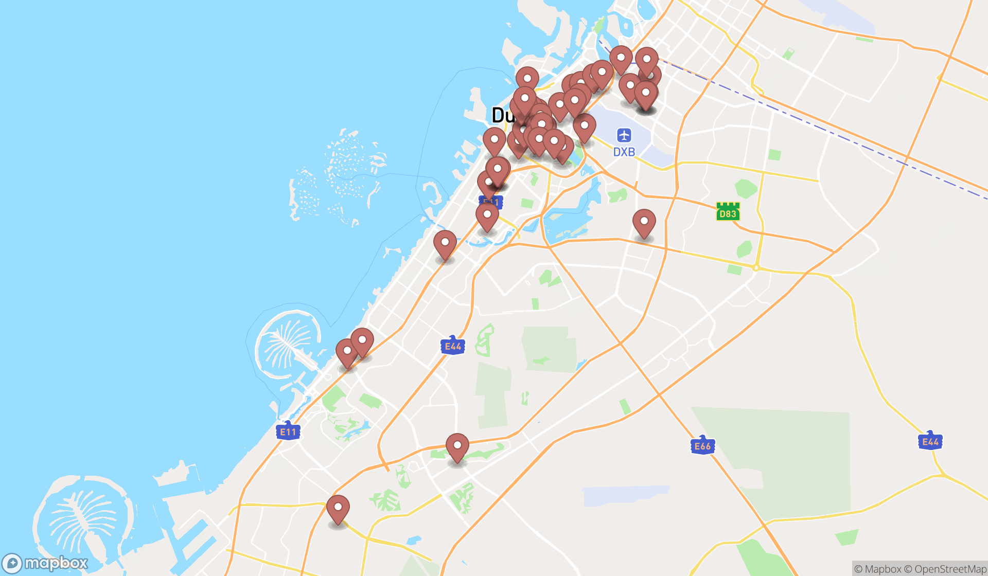 Map showing the search results in Dubai