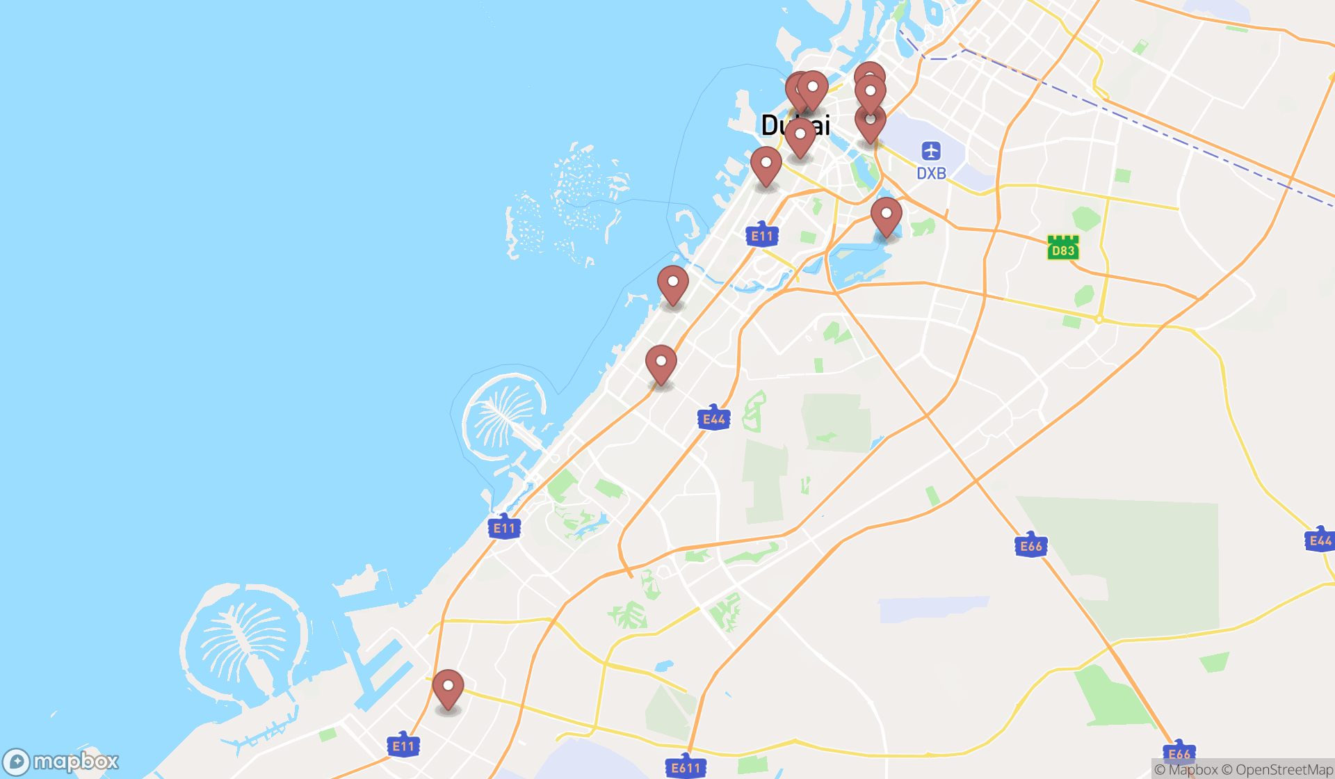 Map showing the search results in Dubai