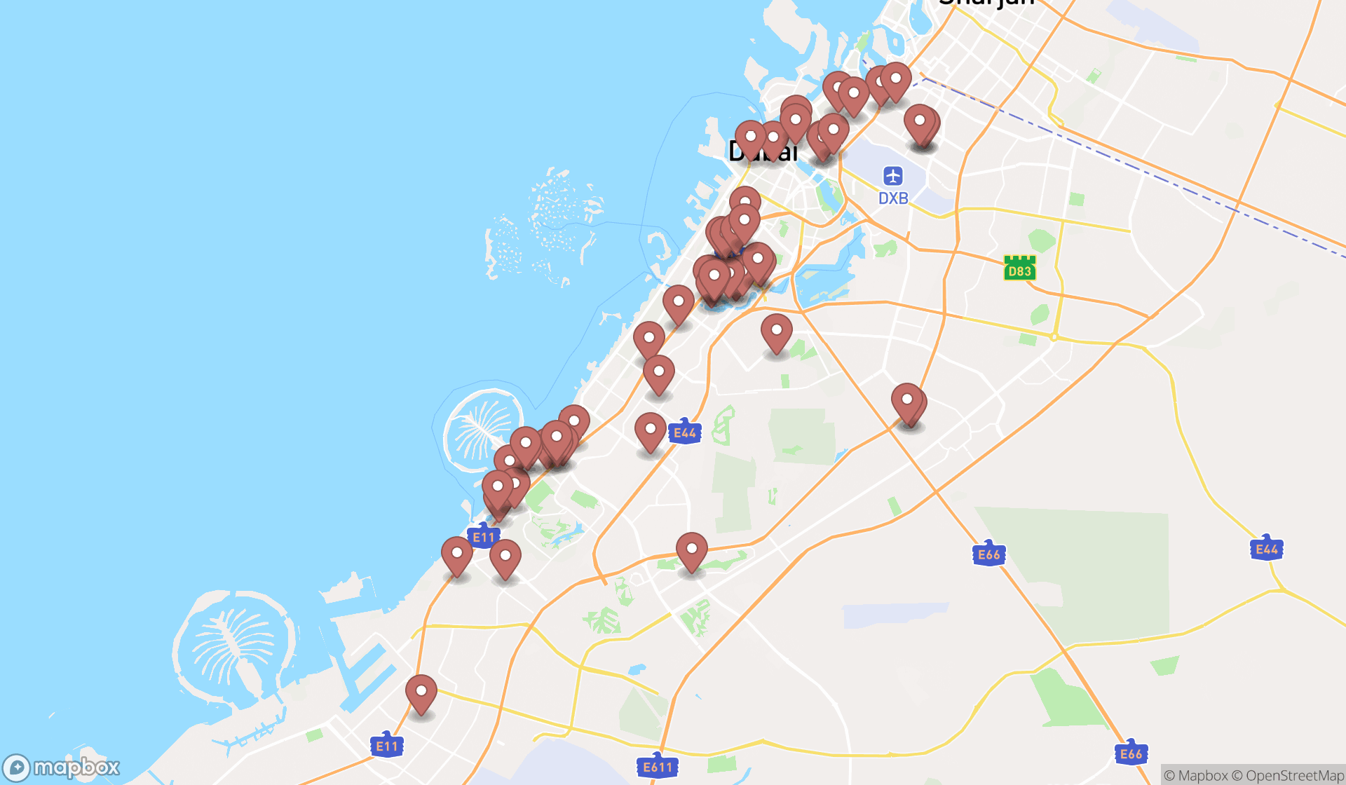 Map showing the search results in Dubai