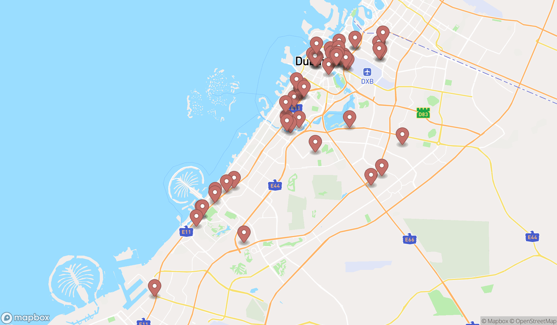 Map showing the search results in Dubai