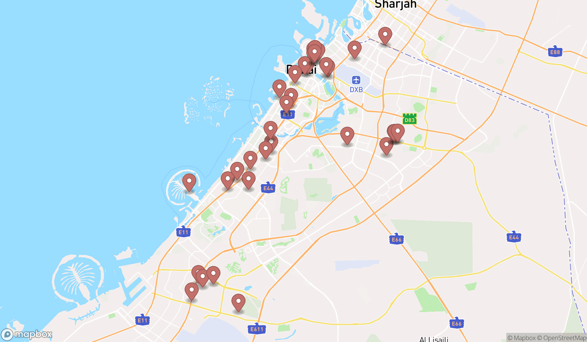Map showing the search results in Dubai
