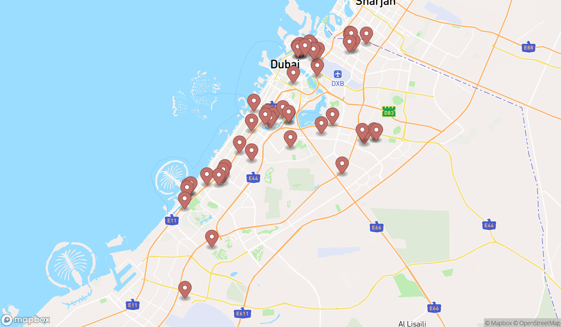 Map showing the search results in Dubai
