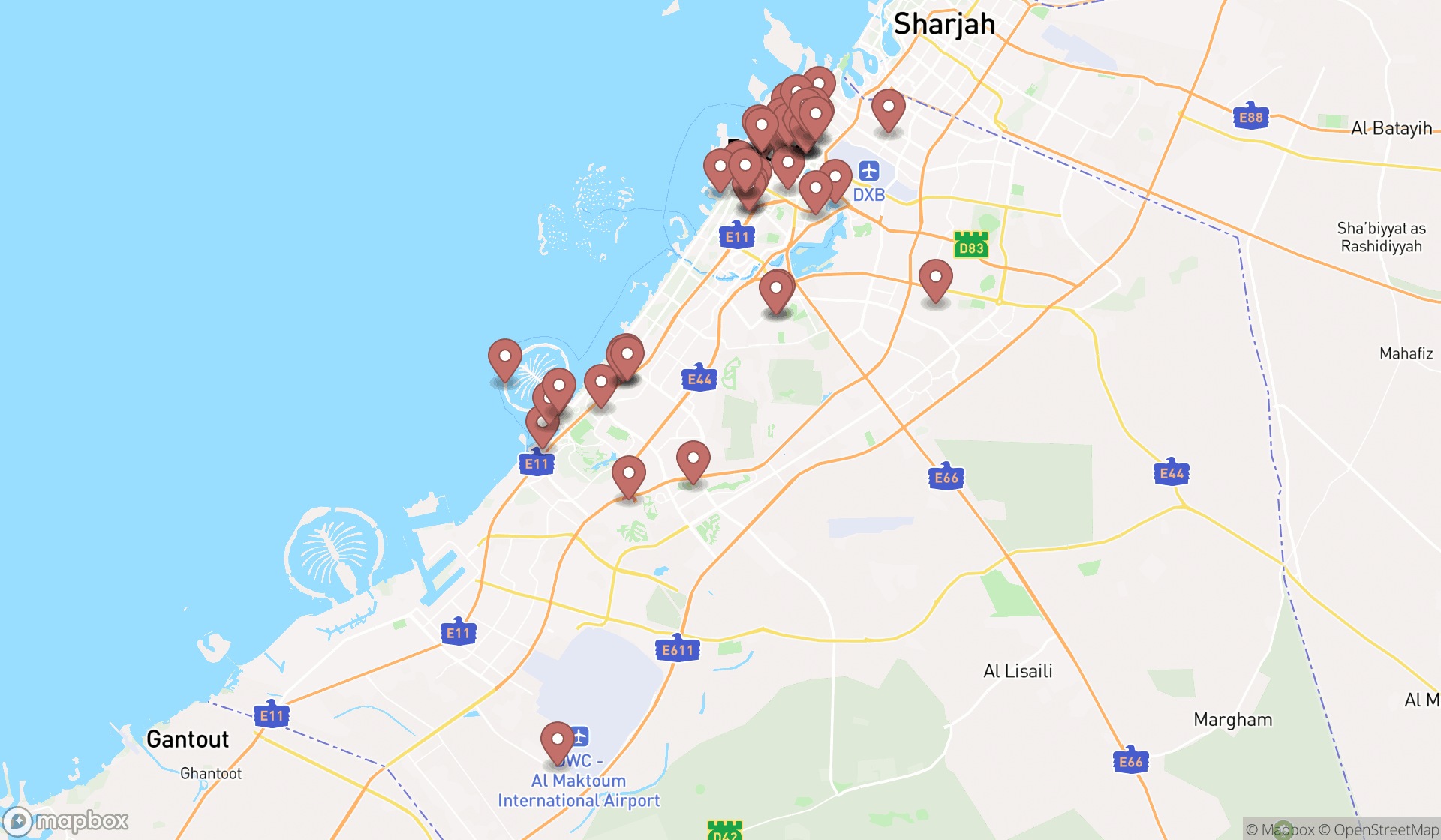 Map showing the search results in Dubai