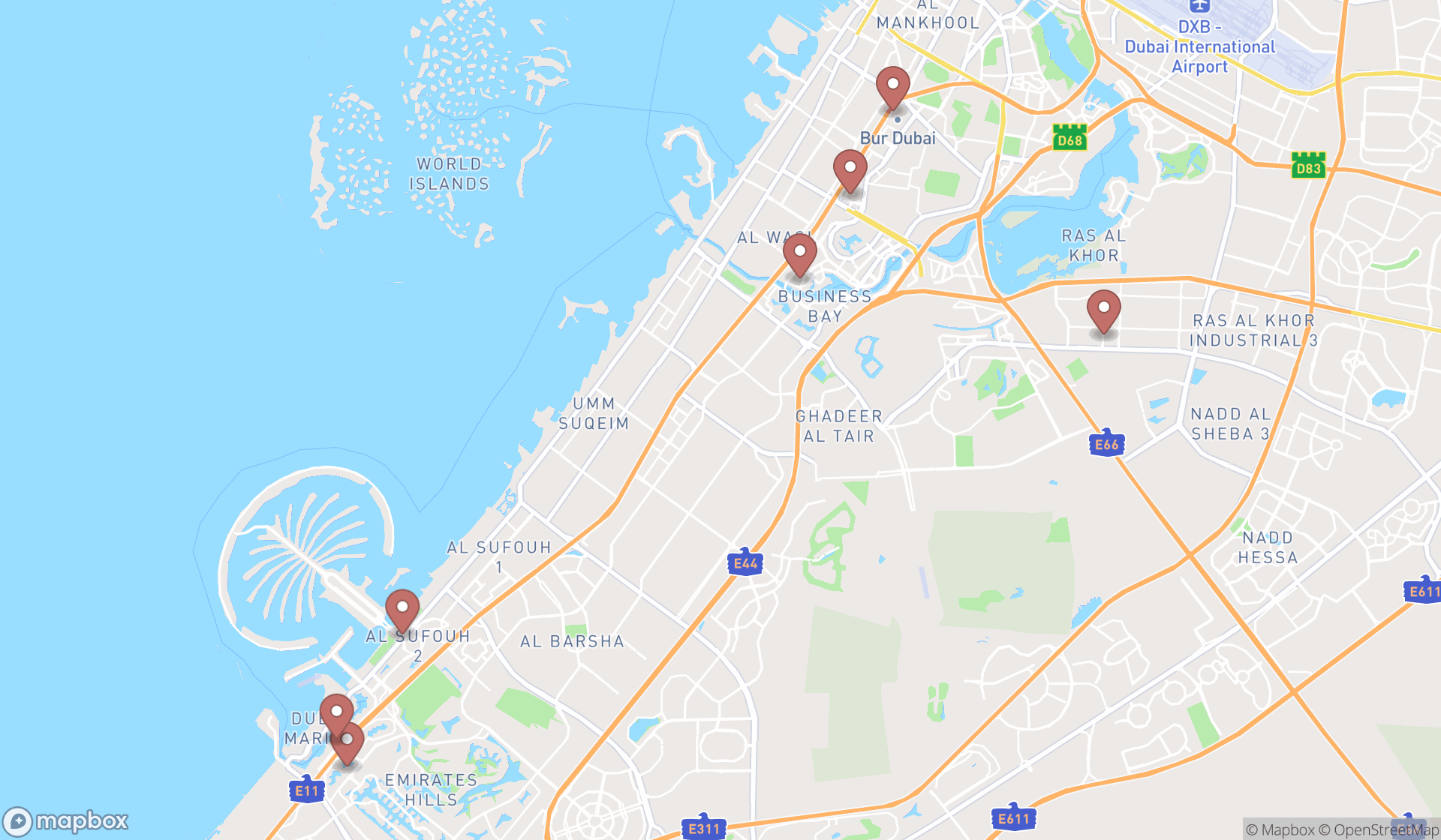 Map showing the search results in Dubai