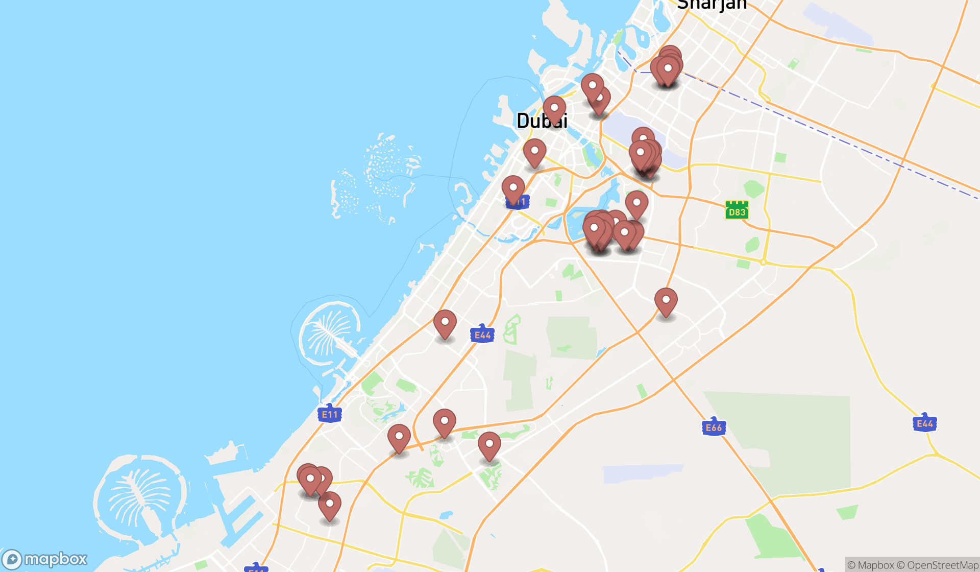 Map showing the search results in Dubai