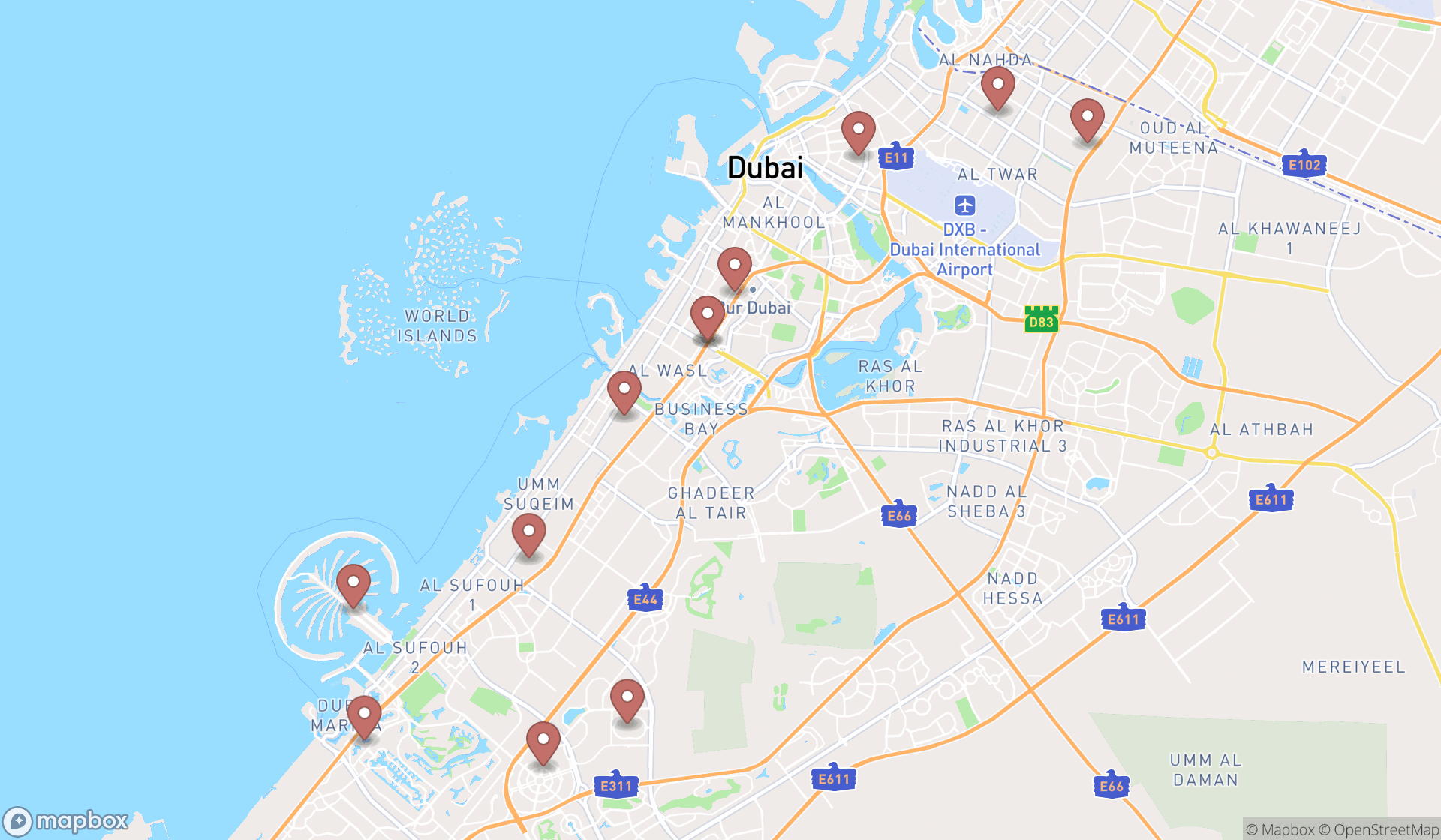 Map showing the search results in Dubai