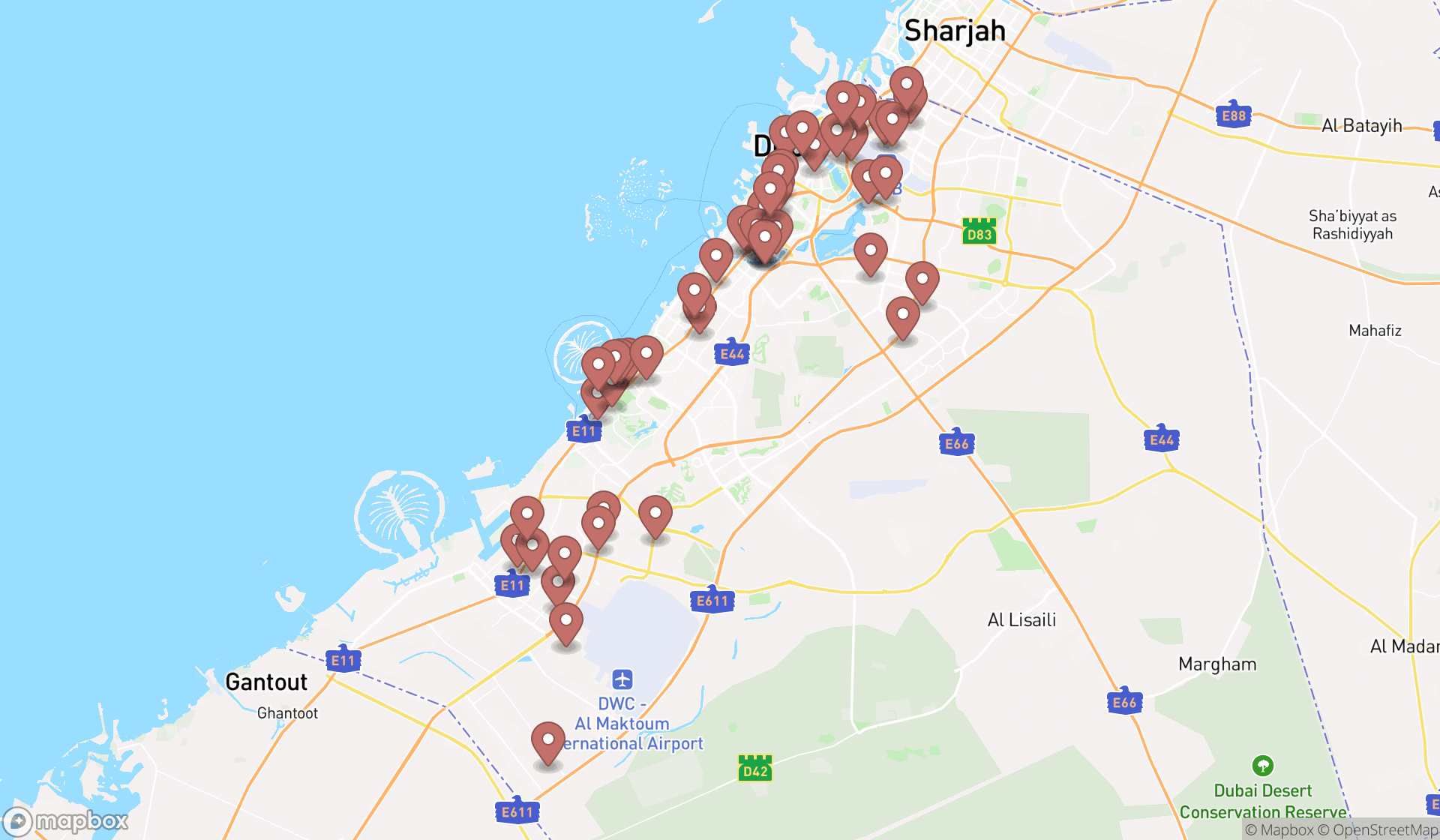 Map showing the search results in Dubai