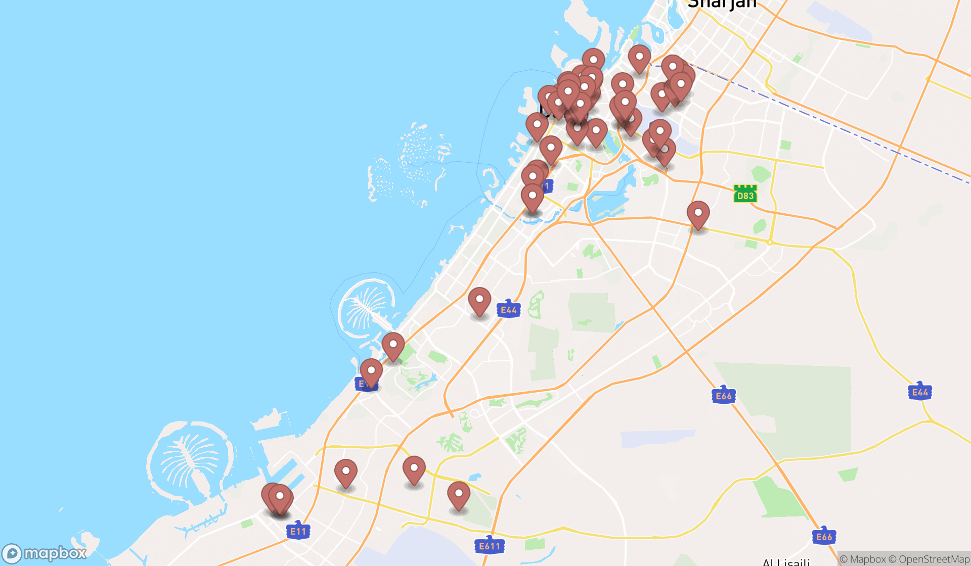 Map showing the search results in Dubai