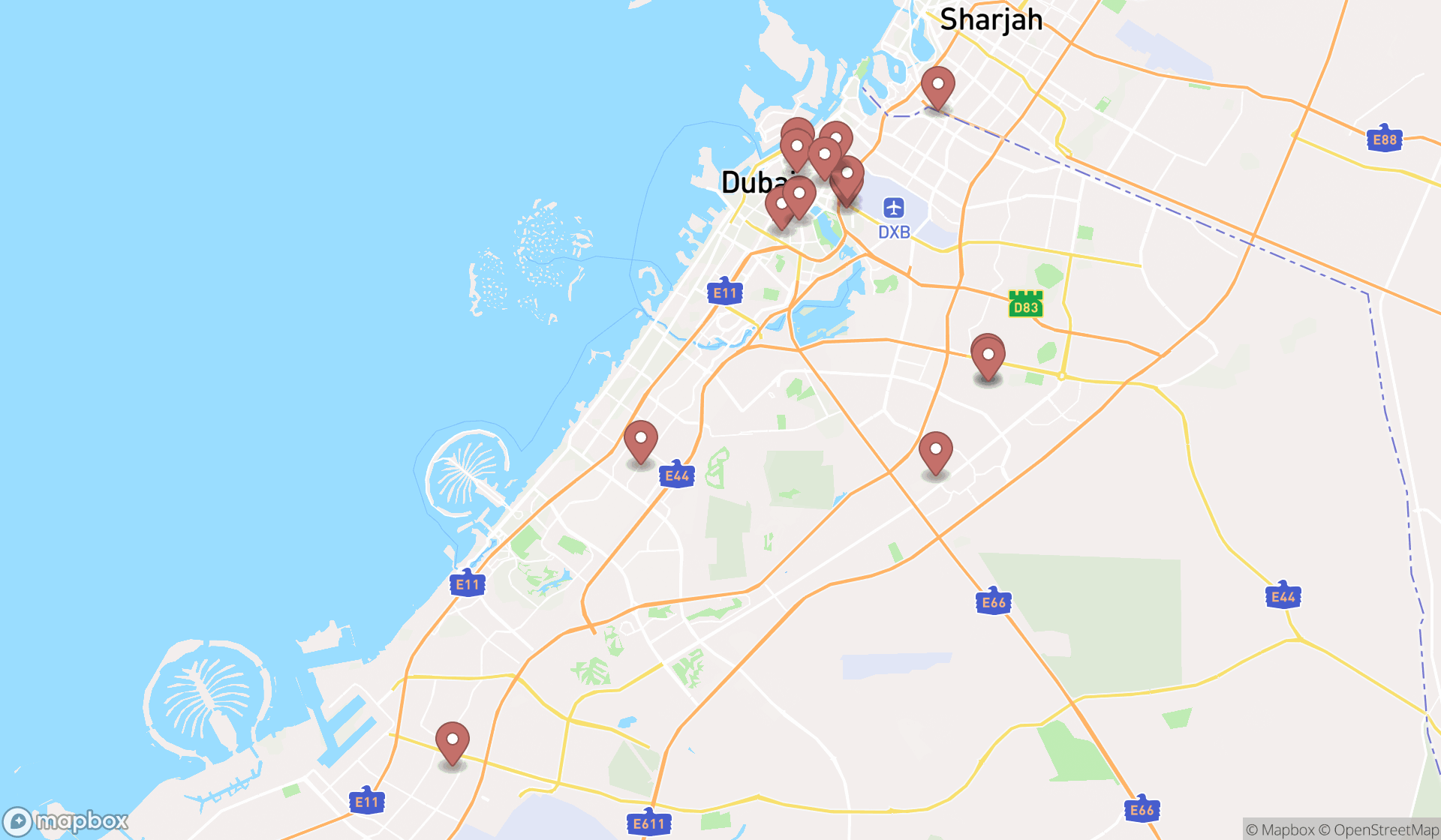 Map showing the search results in Dubai