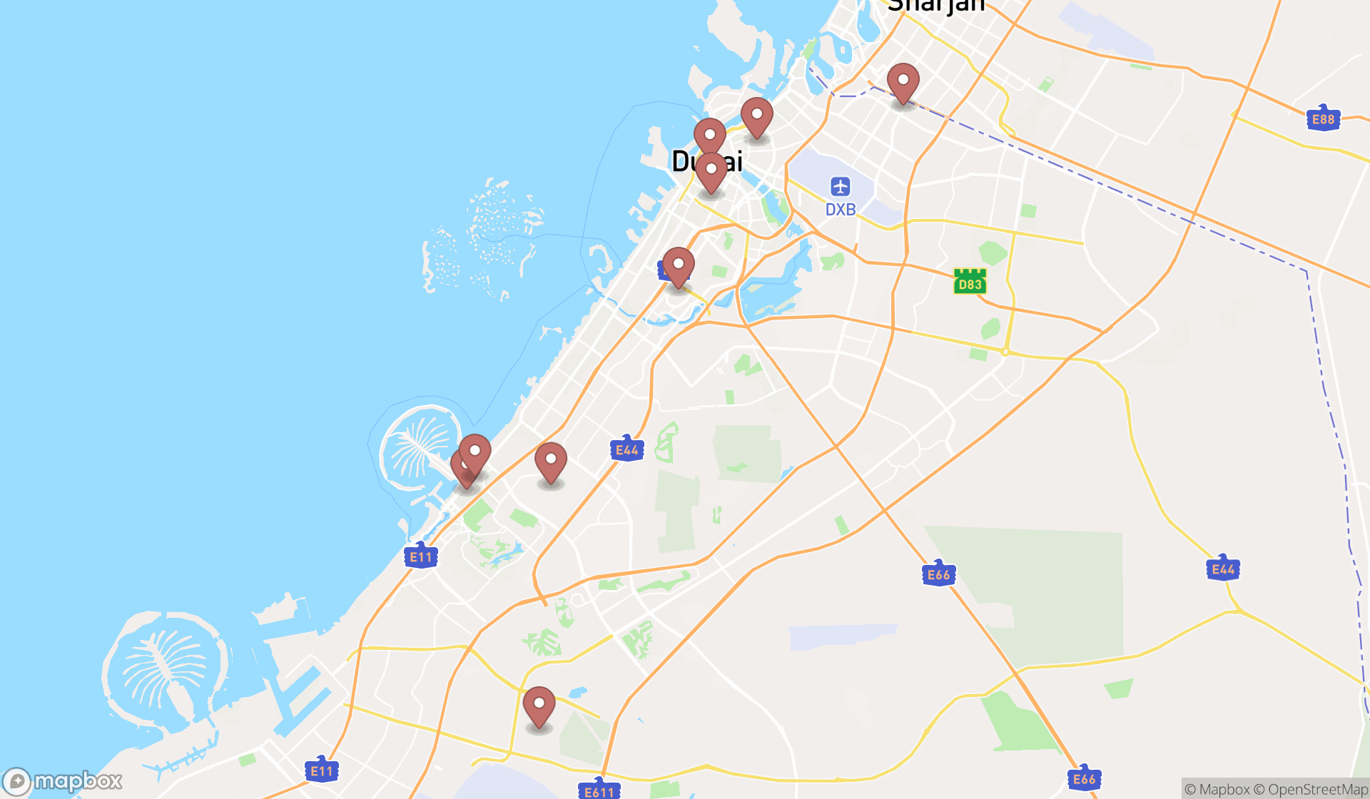 Map showing the search results in Dubai