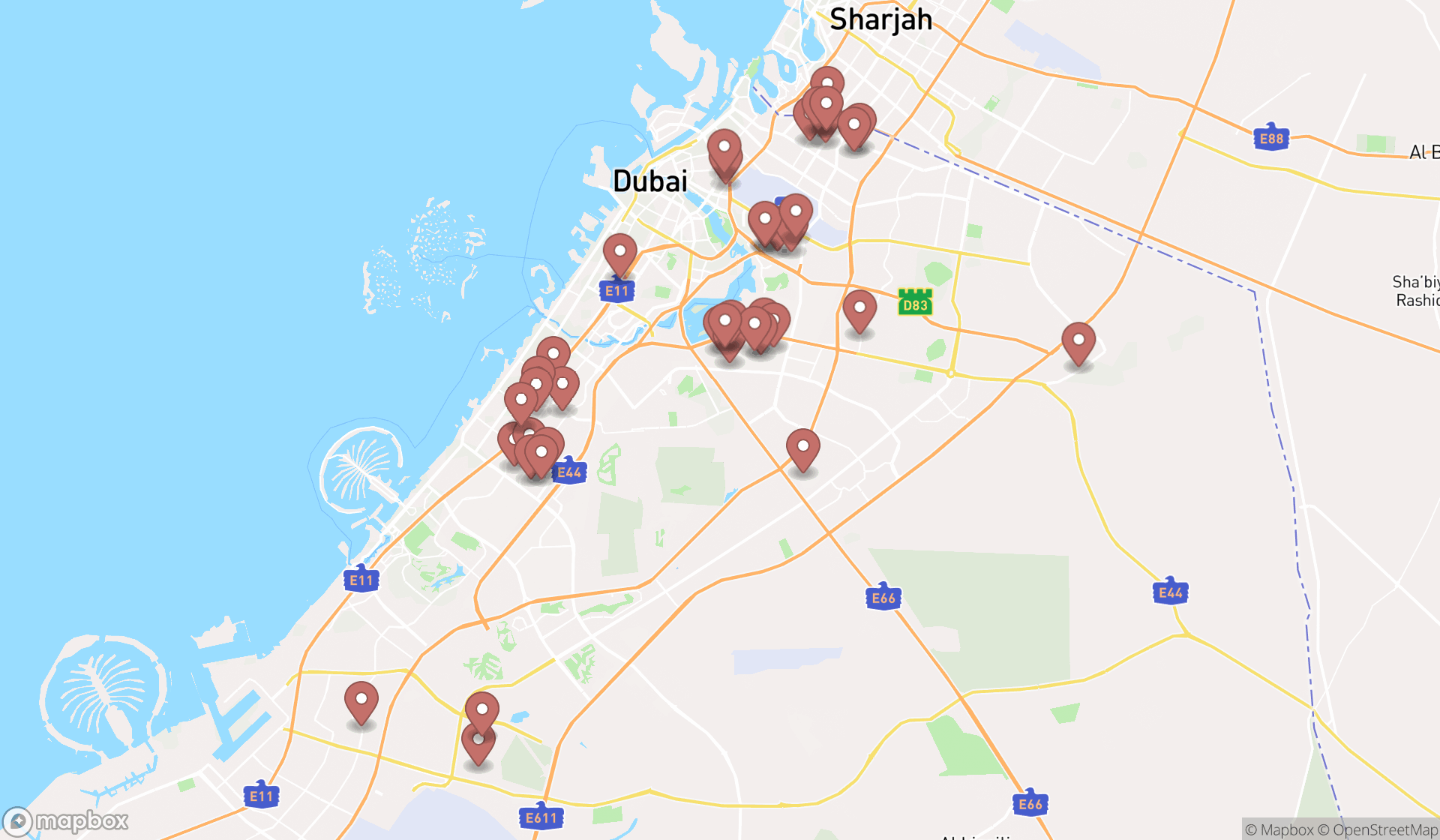 Map showing the search results in Dubai