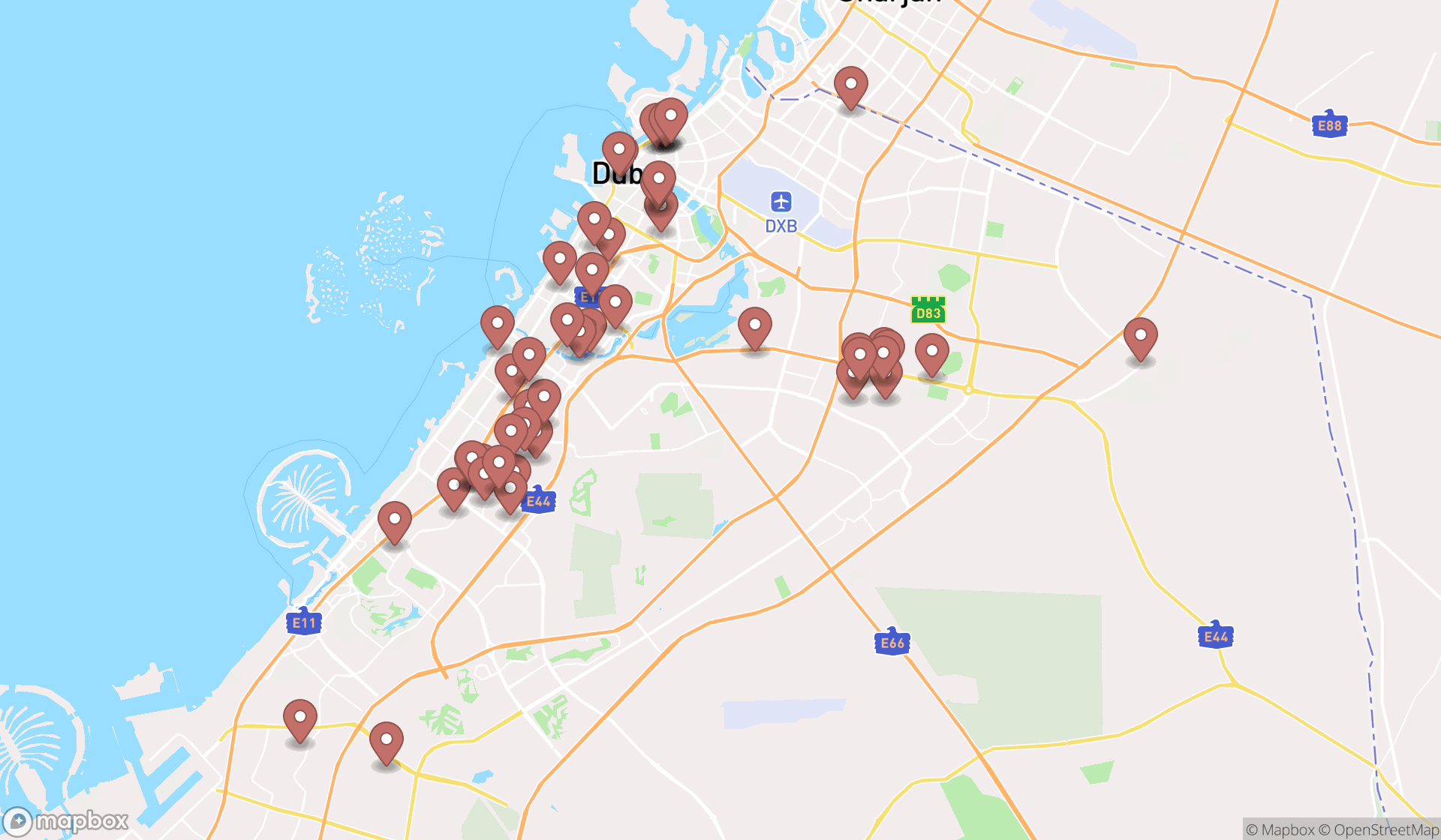 Map showing the search results in Dubai