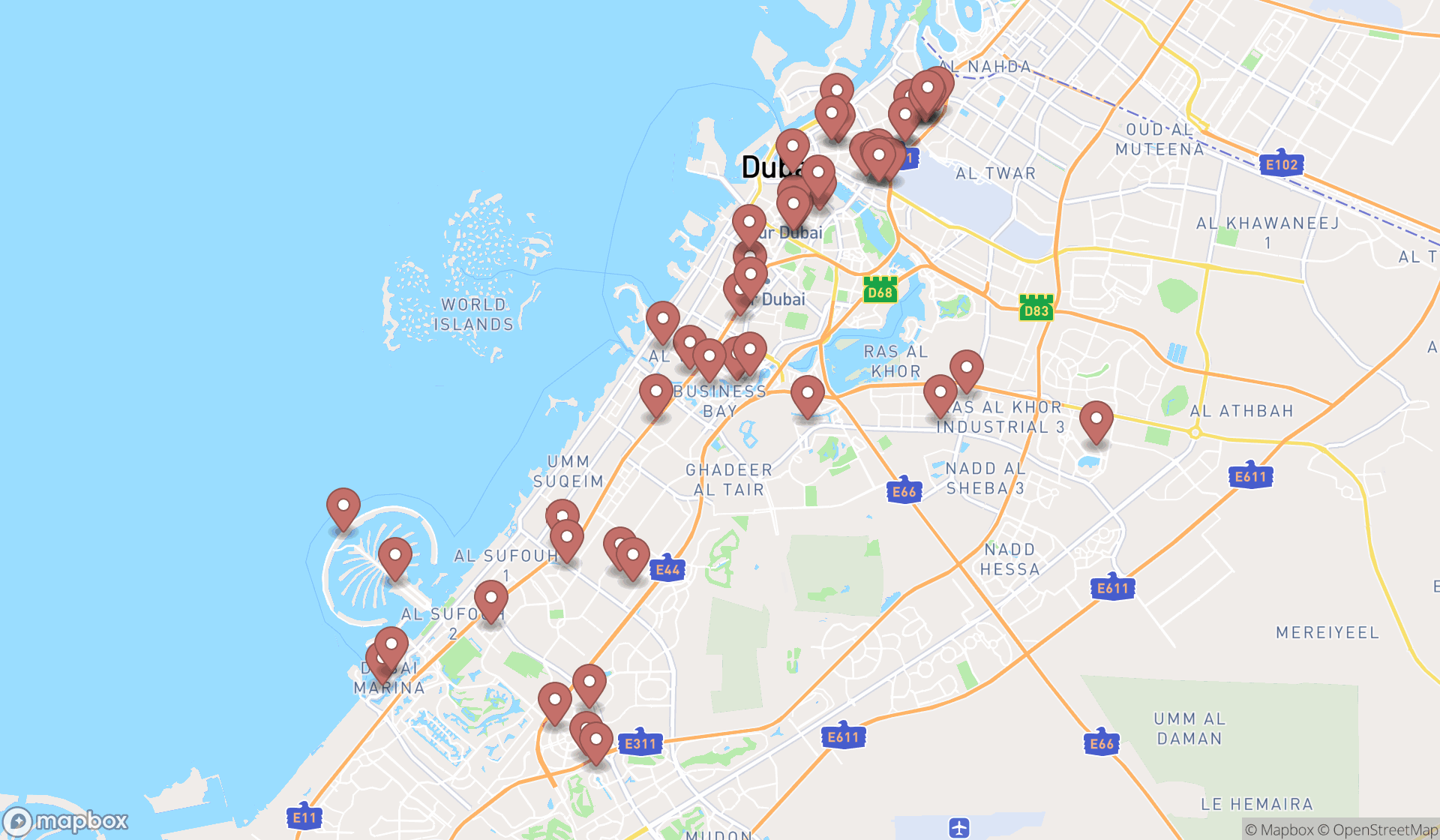Map showing the search results in Dubai