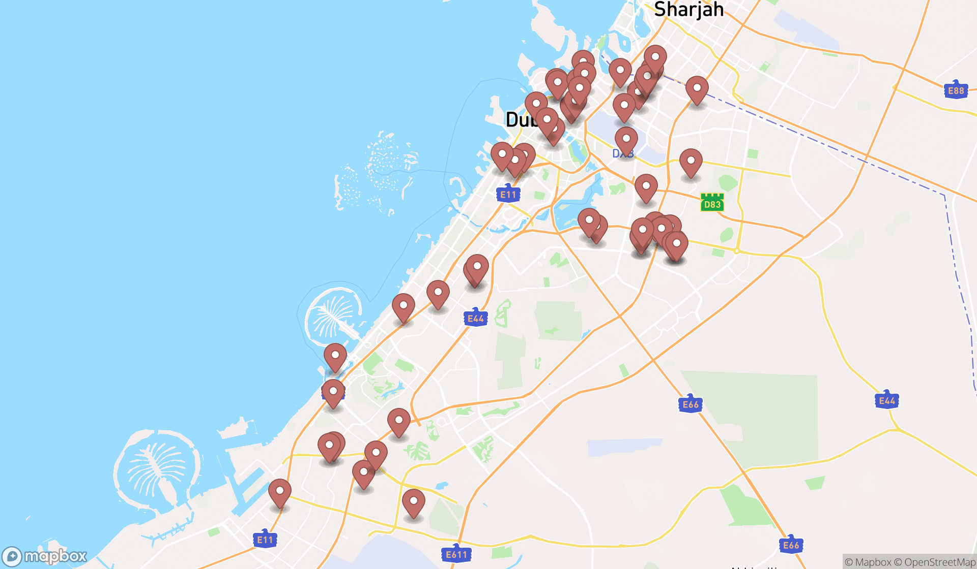 Map showing the search results in Dubai