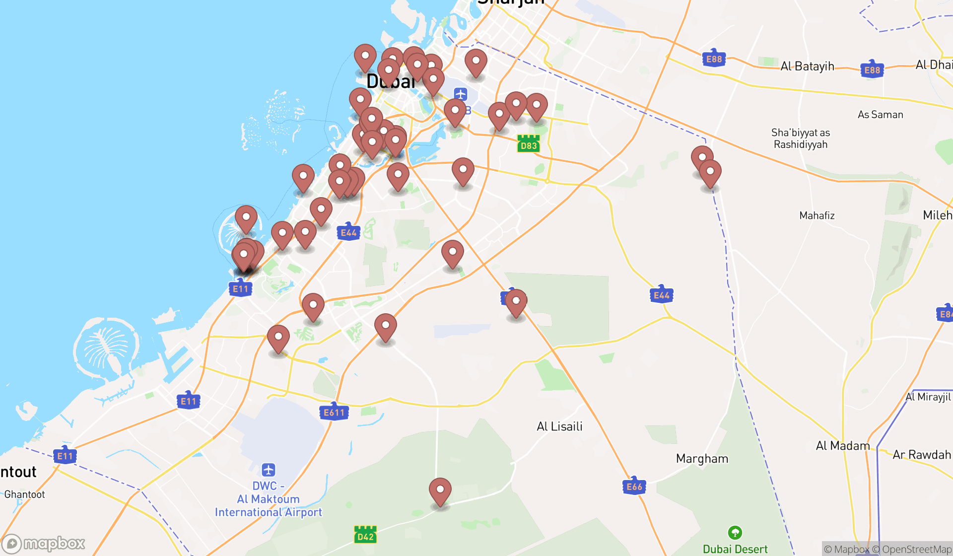 Map showing the search results in Dubai