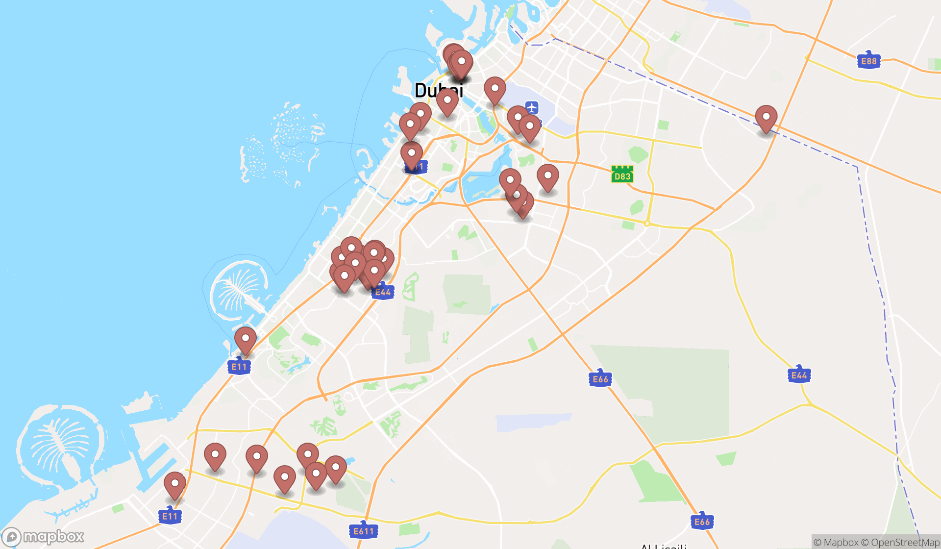 Map showing the search results in Dubai