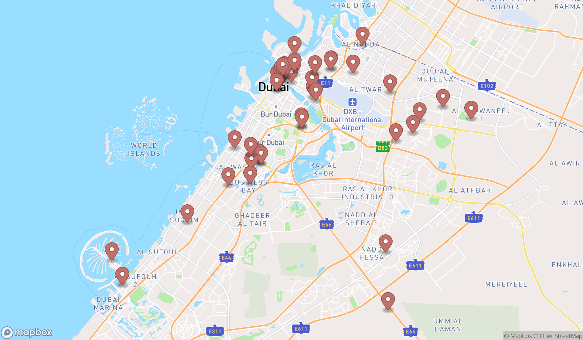 Map showing the search results in Dubai