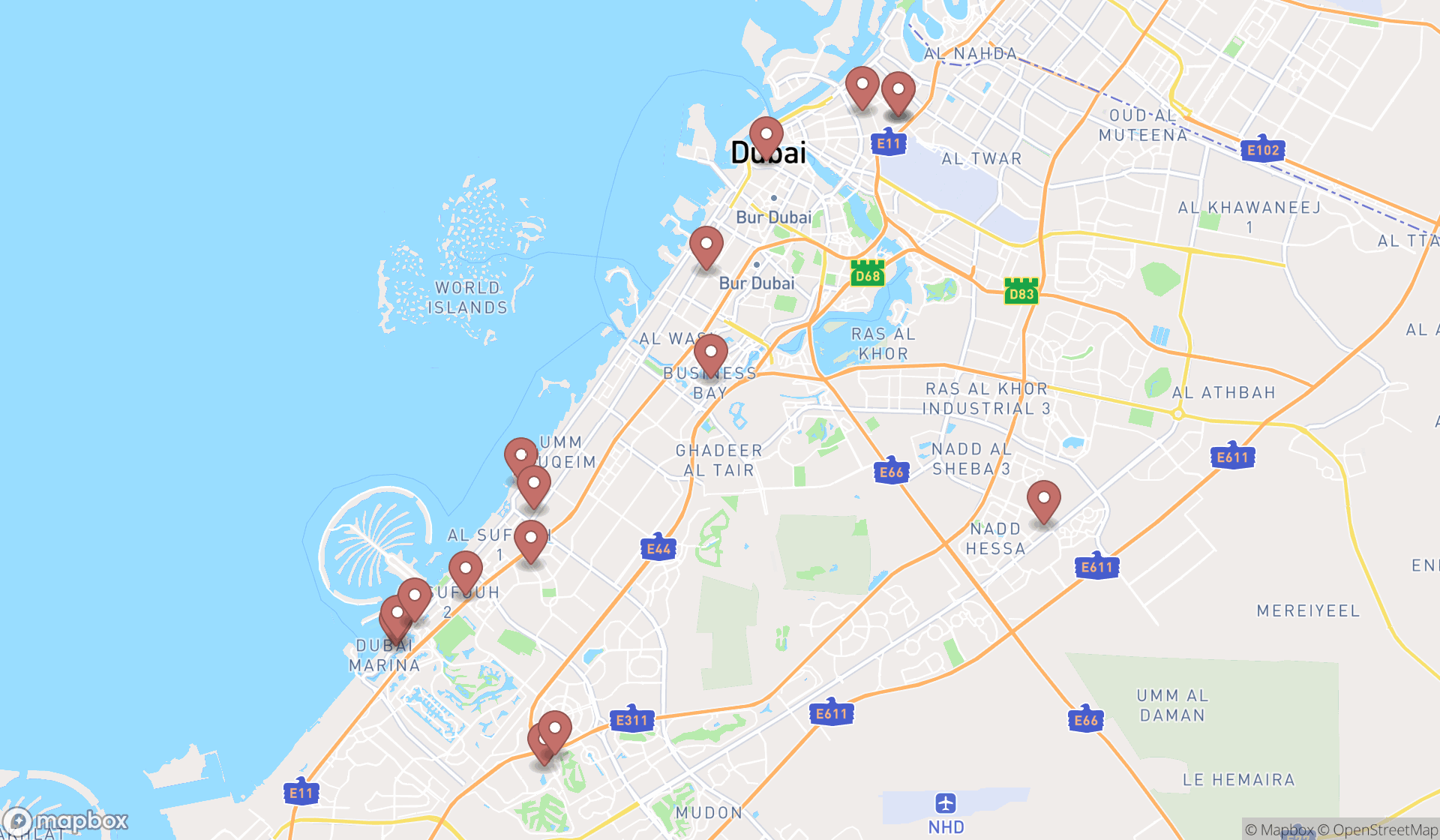 Map showing the search results in Dubai