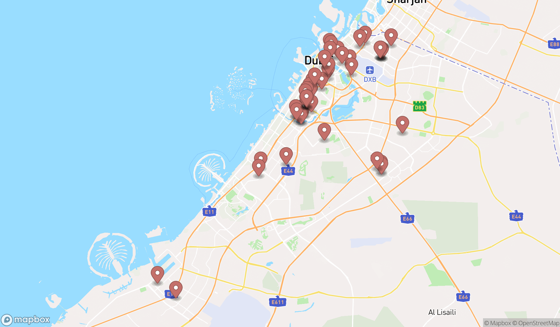 Map showing the search results in Dubai