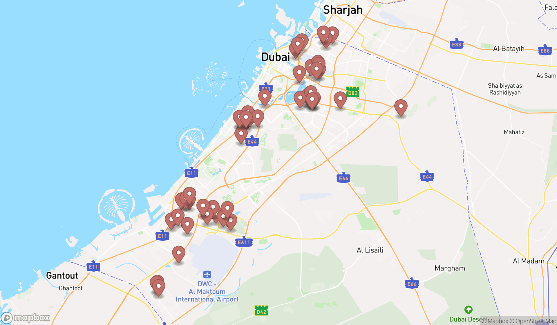 Map showing the search results in Dubai