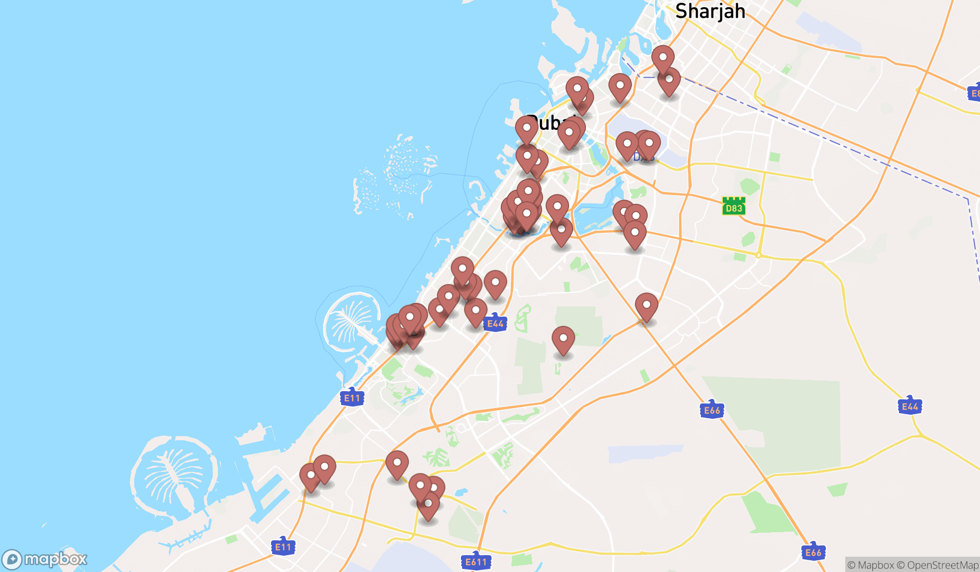 Map showing the search results in Dubai