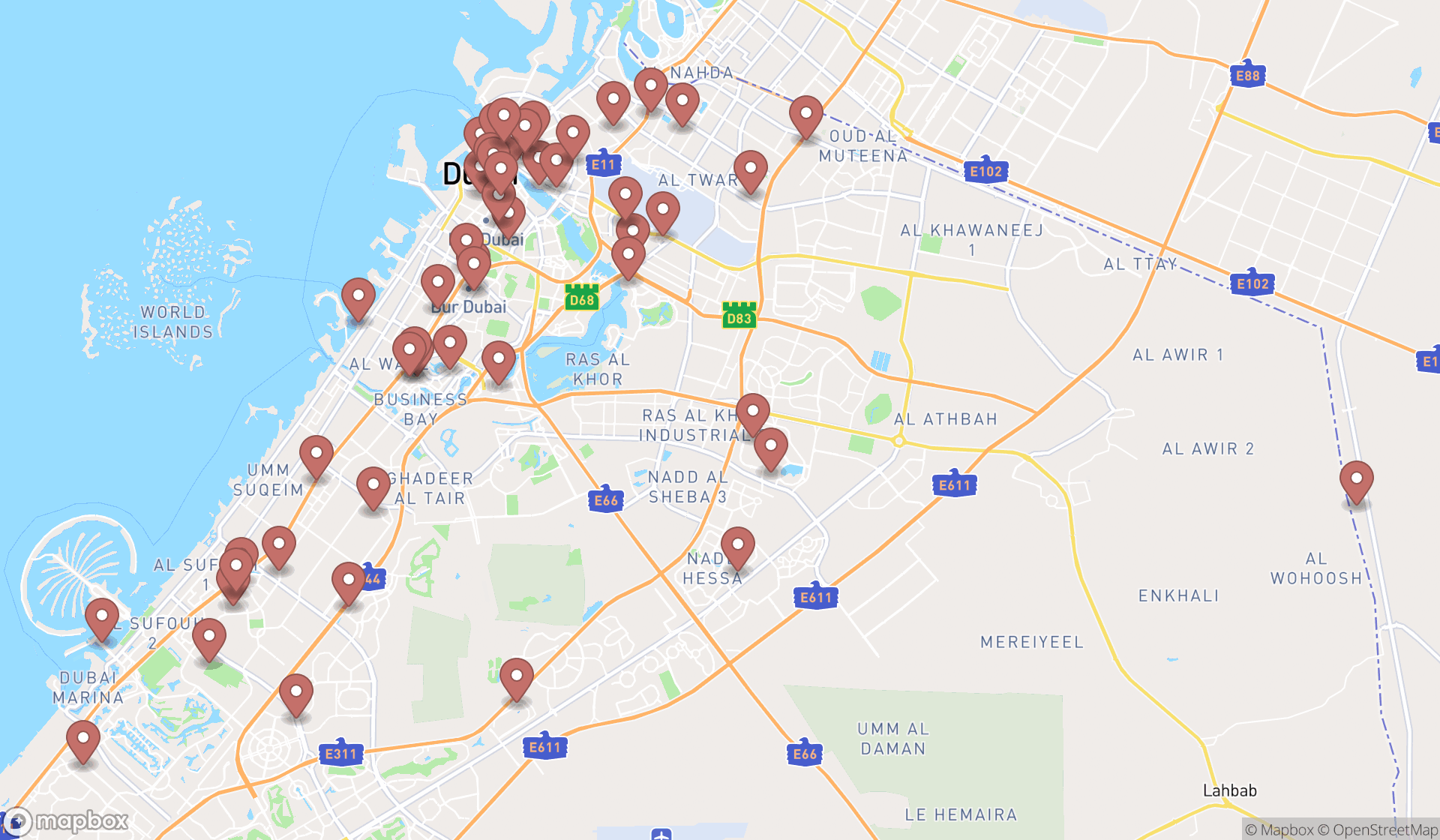 Map showing the search results in Dubai