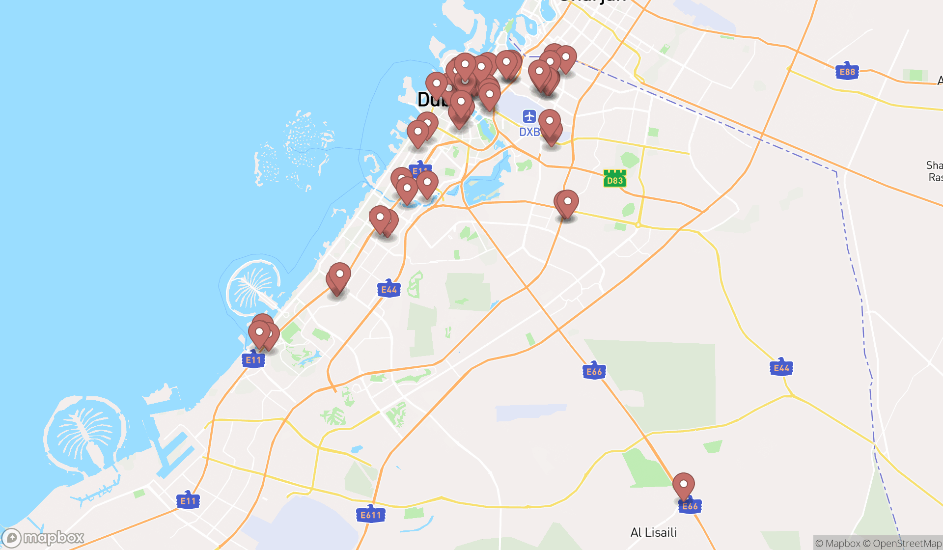 Map showing the search results in Dubai