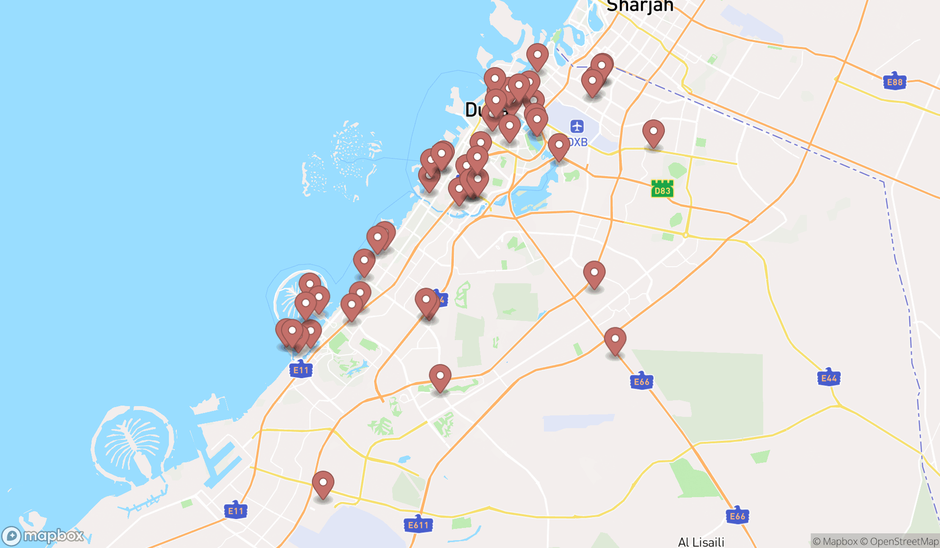 Map showing the search results in Dubai