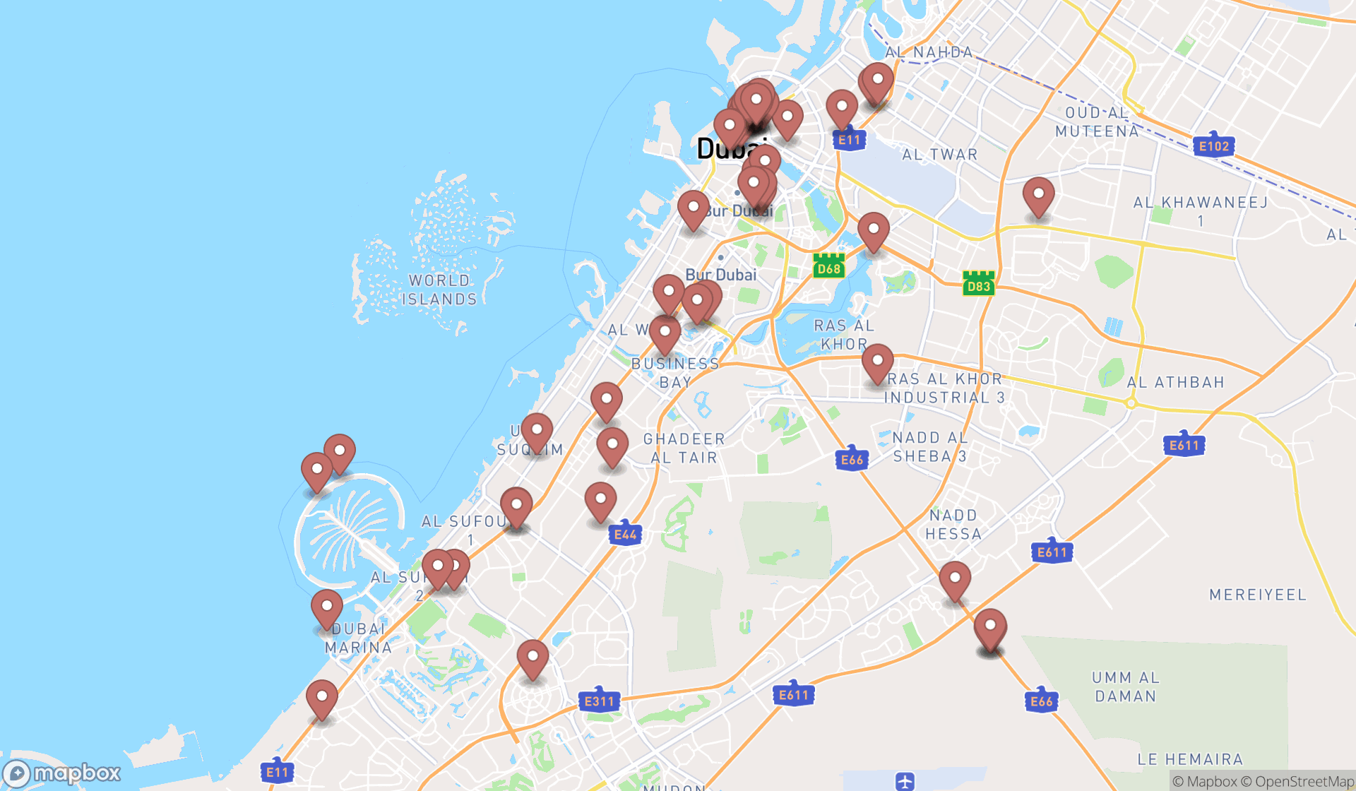 Map showing the search results in Dubai