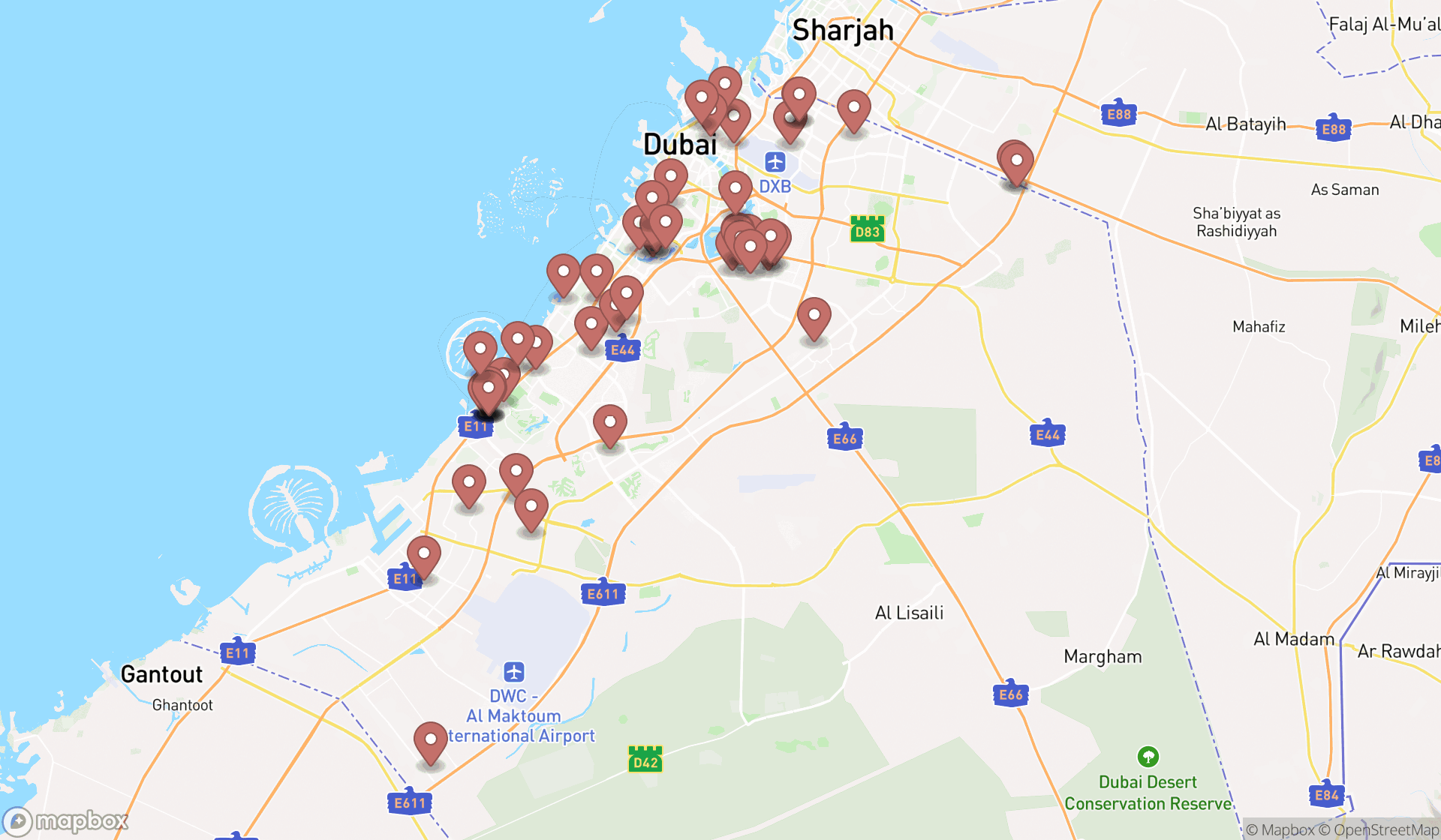 Map showing the search results in Dubai