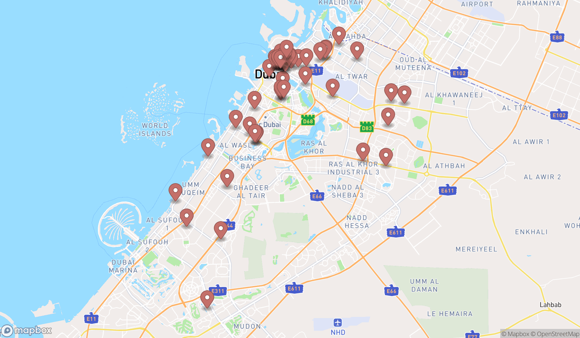 Map showing the search results in Dubai