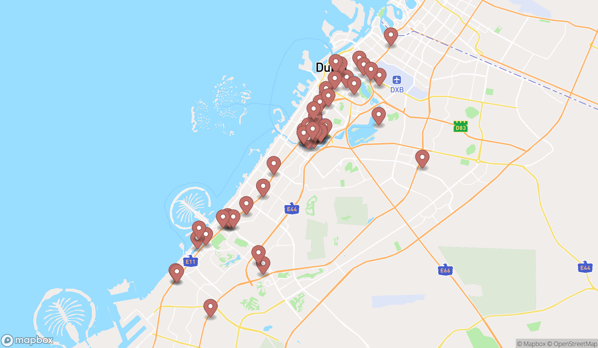 Map showing the search results in Dubai
