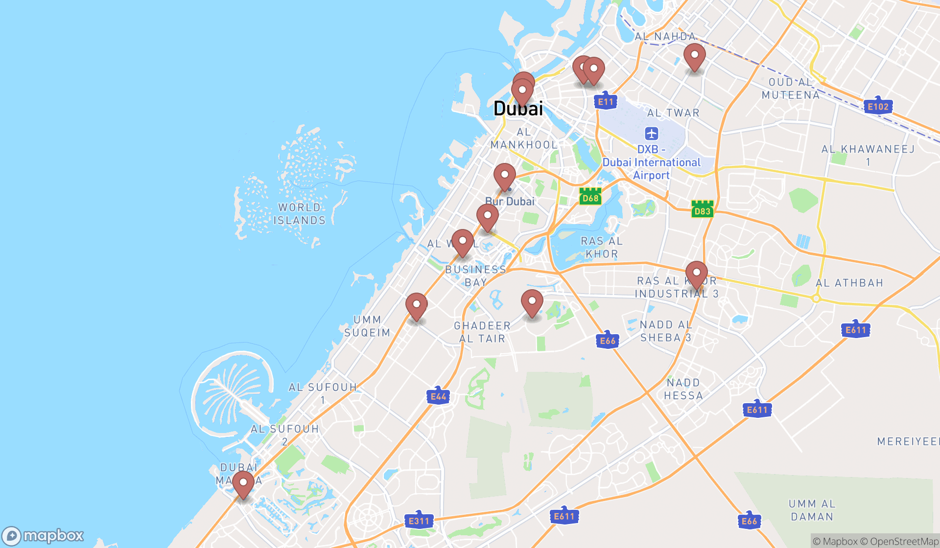 Map showing the search results in Dubai