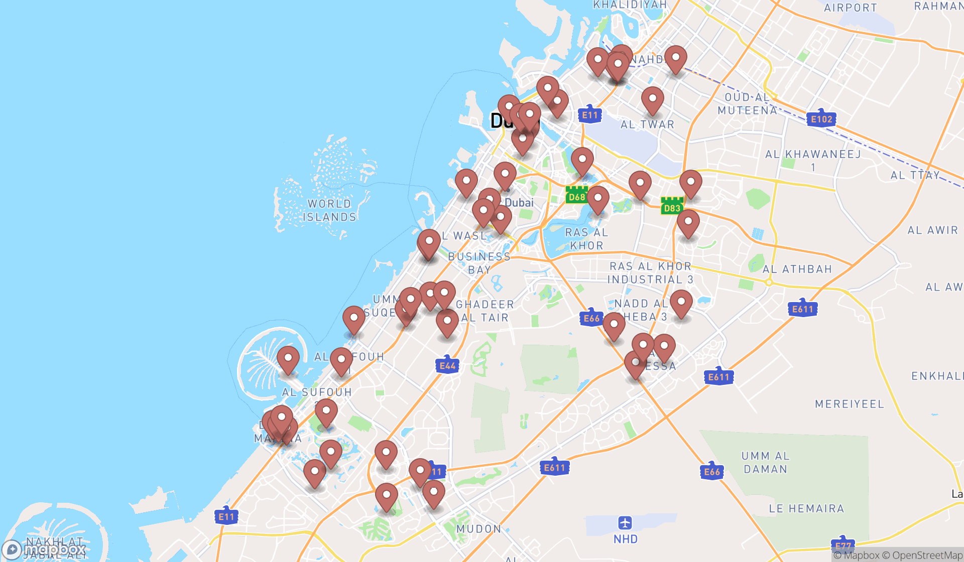 Map showing the search results in Dubai